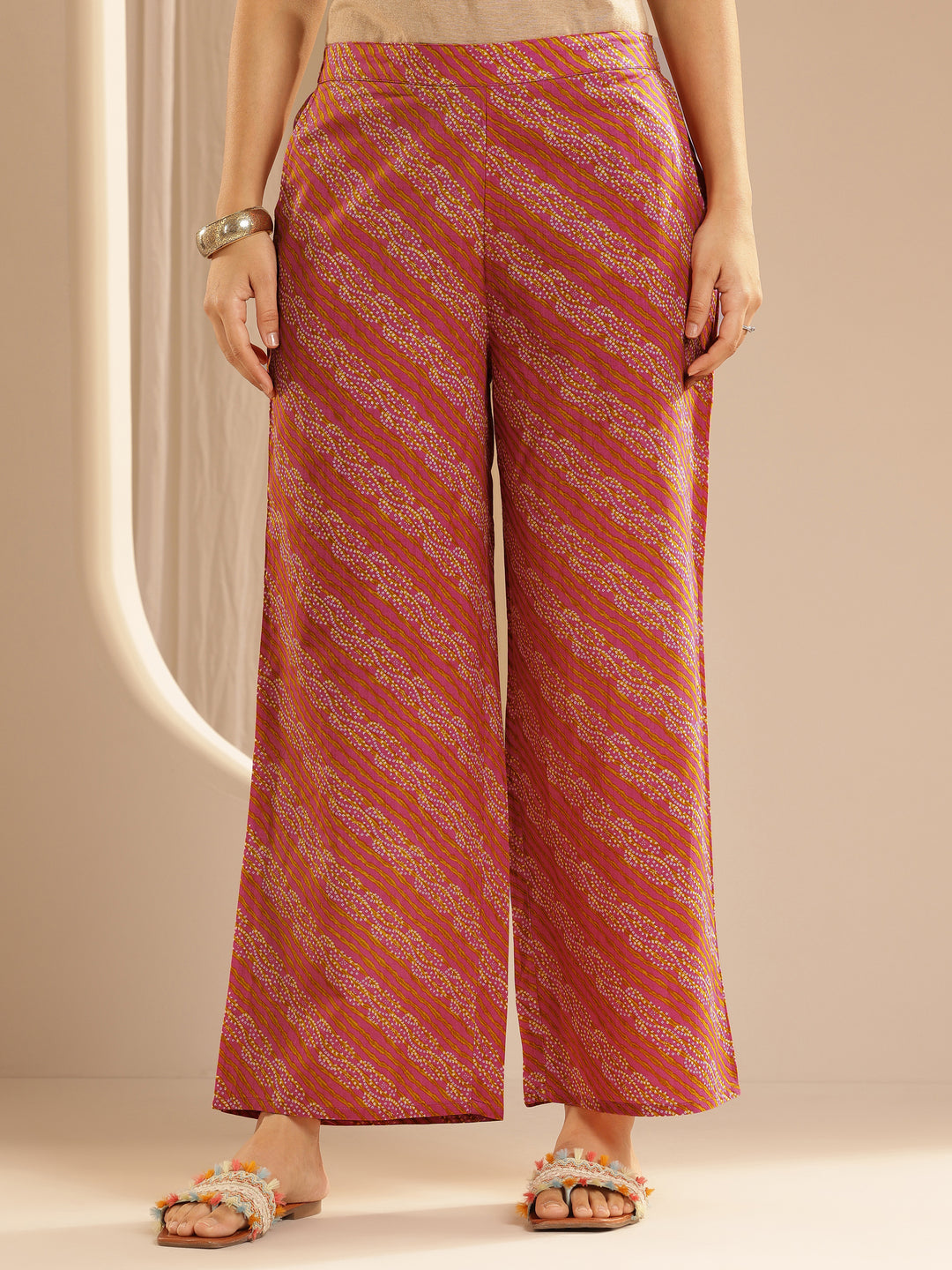  Pink Printed Cotton A-Line Kurta With Palazzos 
