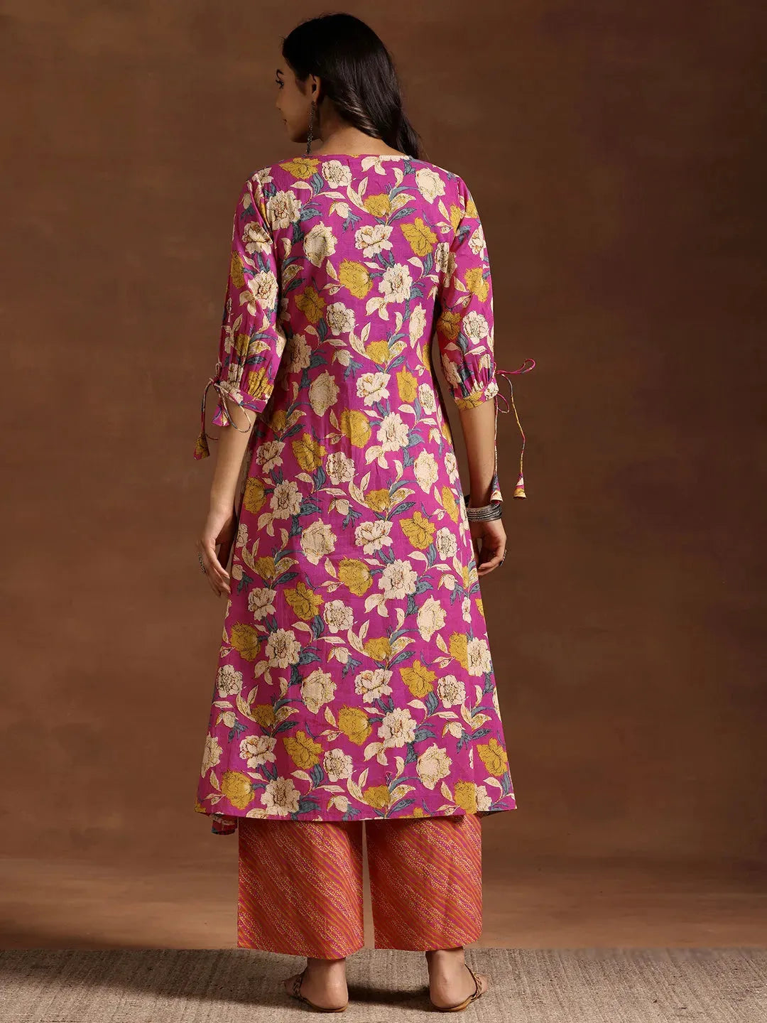  Pink Printed Cotton A-Line Kurta With Palazzos 