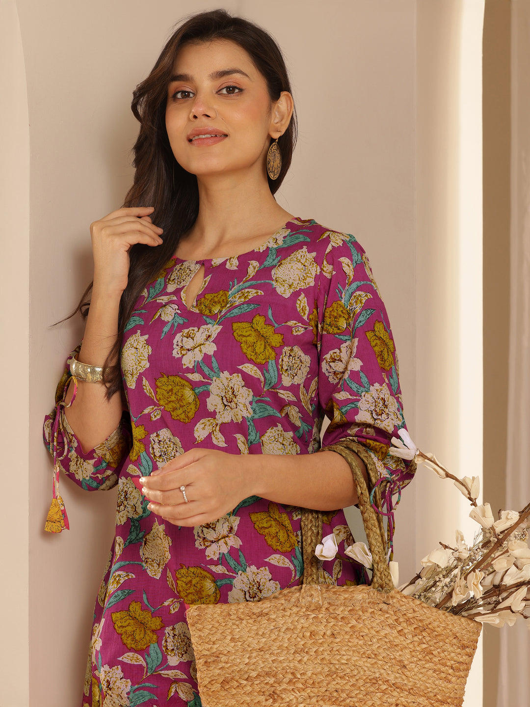 Pink Printed Cotton A-Line Kurta With Palazzos
