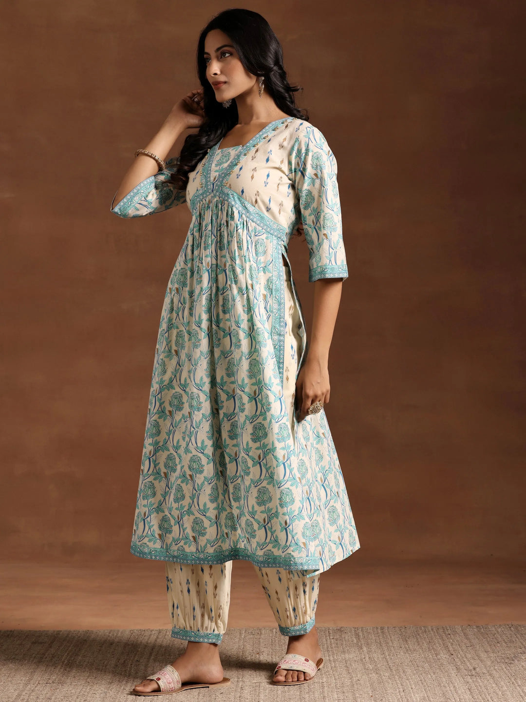  Blue Printed Cotton A-Line Kurta With Salwar 