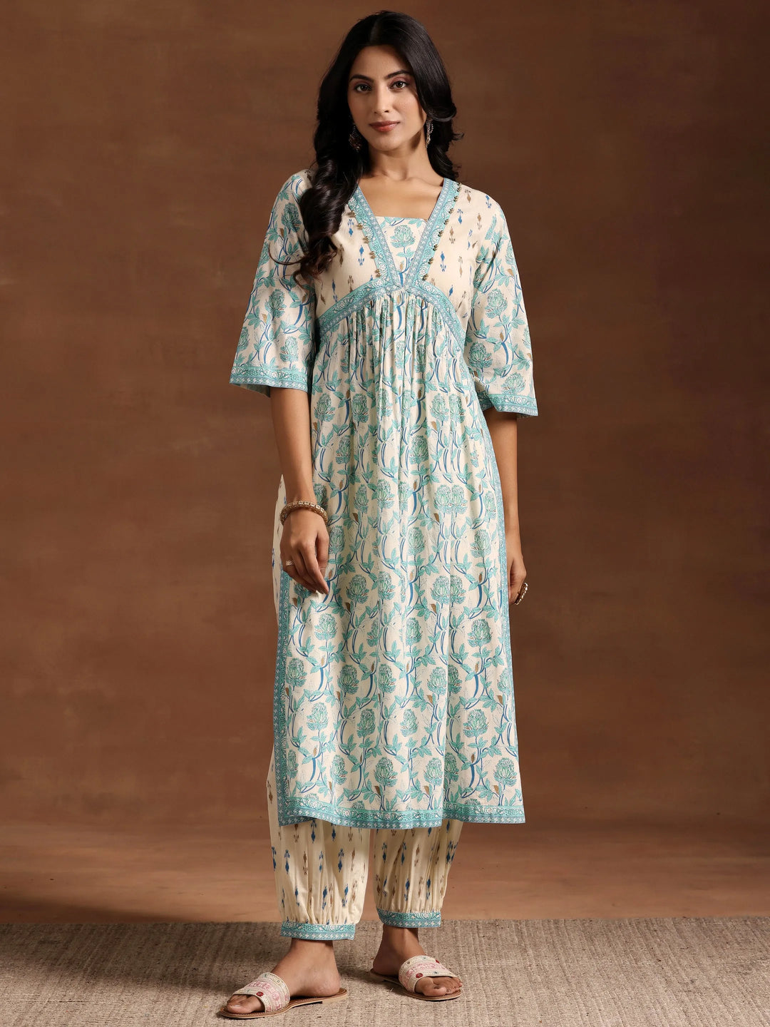  Blue Printed Cotton A-Line Kurta With Salwar 