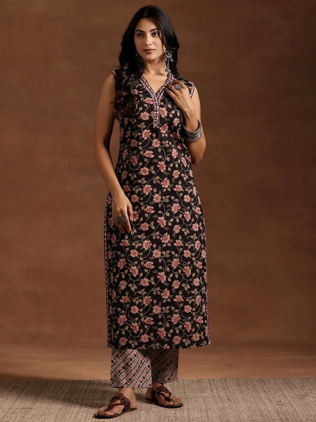  Black Printed Cotton Straight Kurta Set 