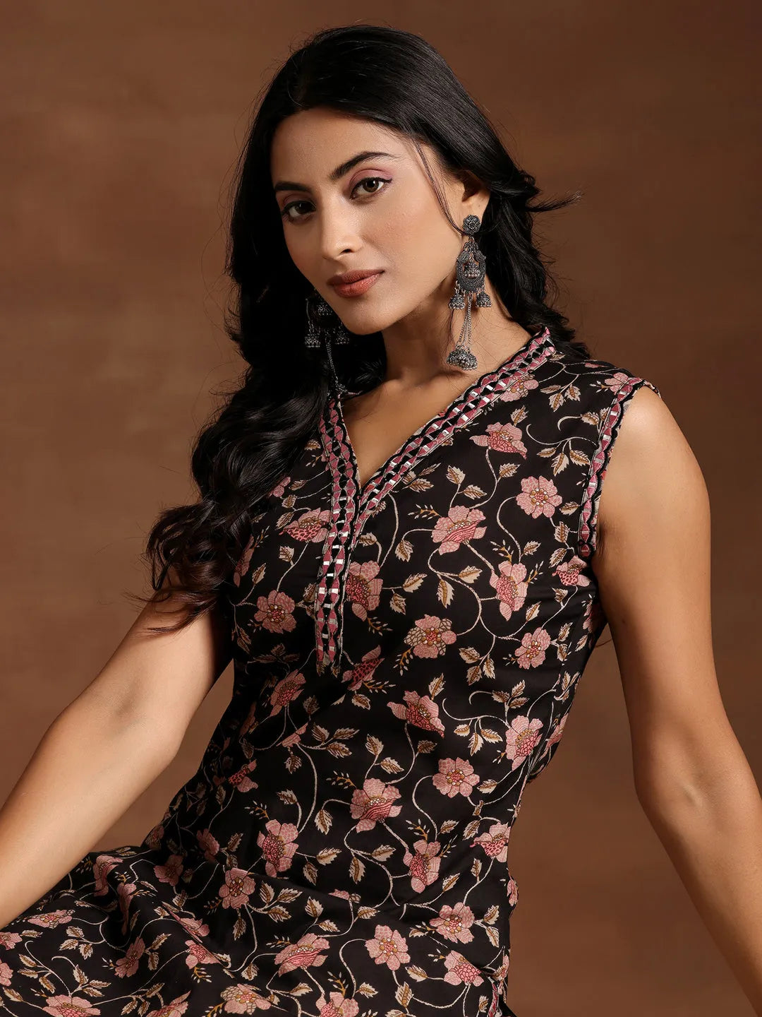  Black Printed Cotton Straight Kurta Set 
