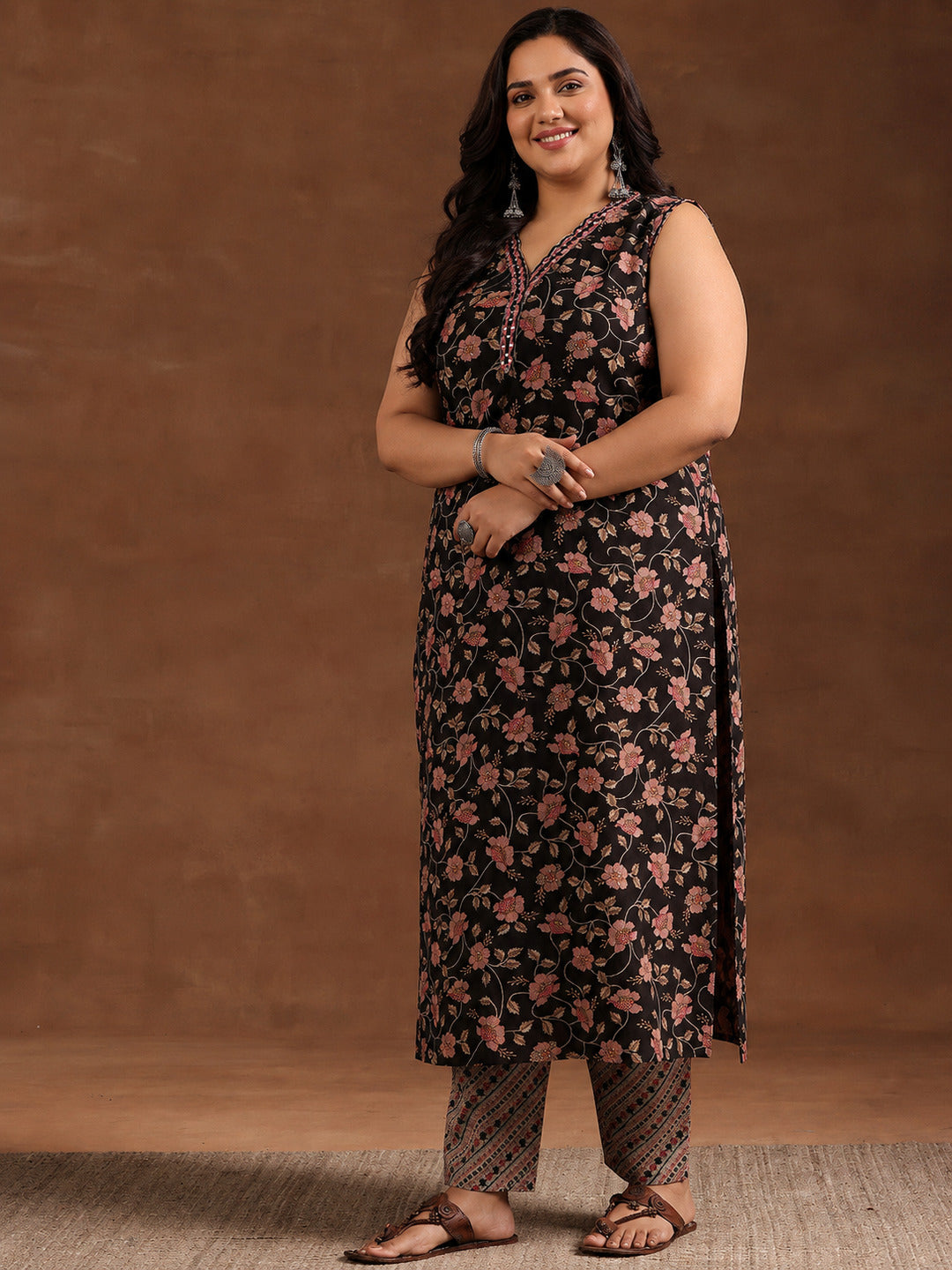  Plus Size Black Printed Cotton Straight Kurta Set 