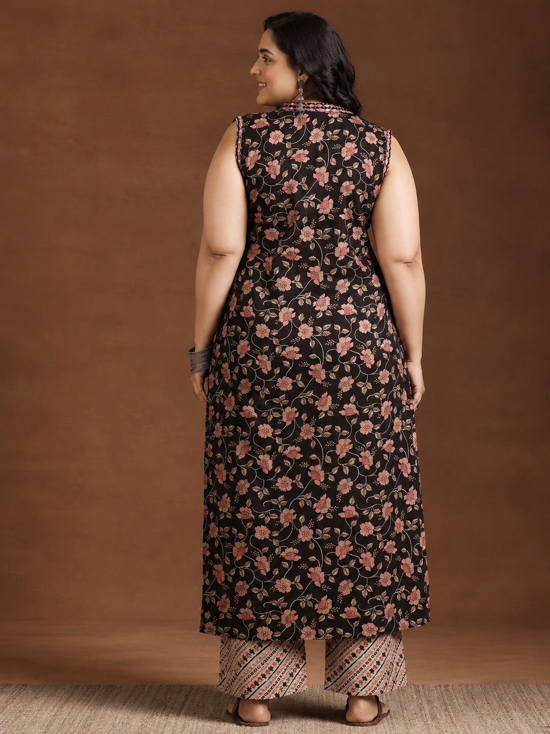  Plus Size Black Printed Cotton Straight Kurta Set 