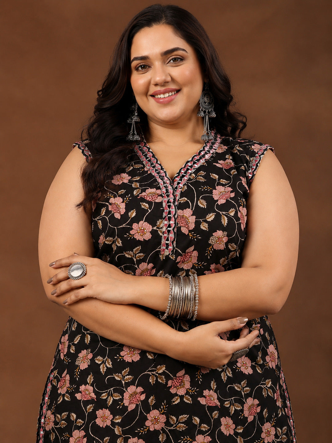  Plus Size Black Printed Cotton Straight Kurta Set 