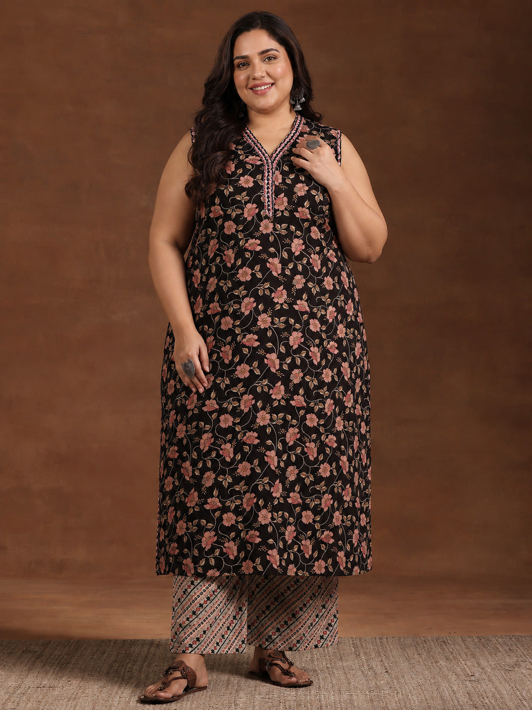  Plus Size Black Printed Cotton Straight Kurta Set 