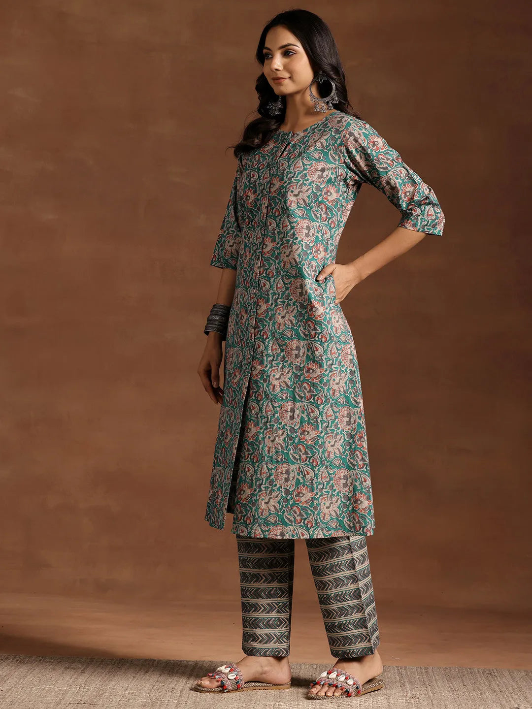  Blue Printed Cotton A-line Kurta With Trousers 