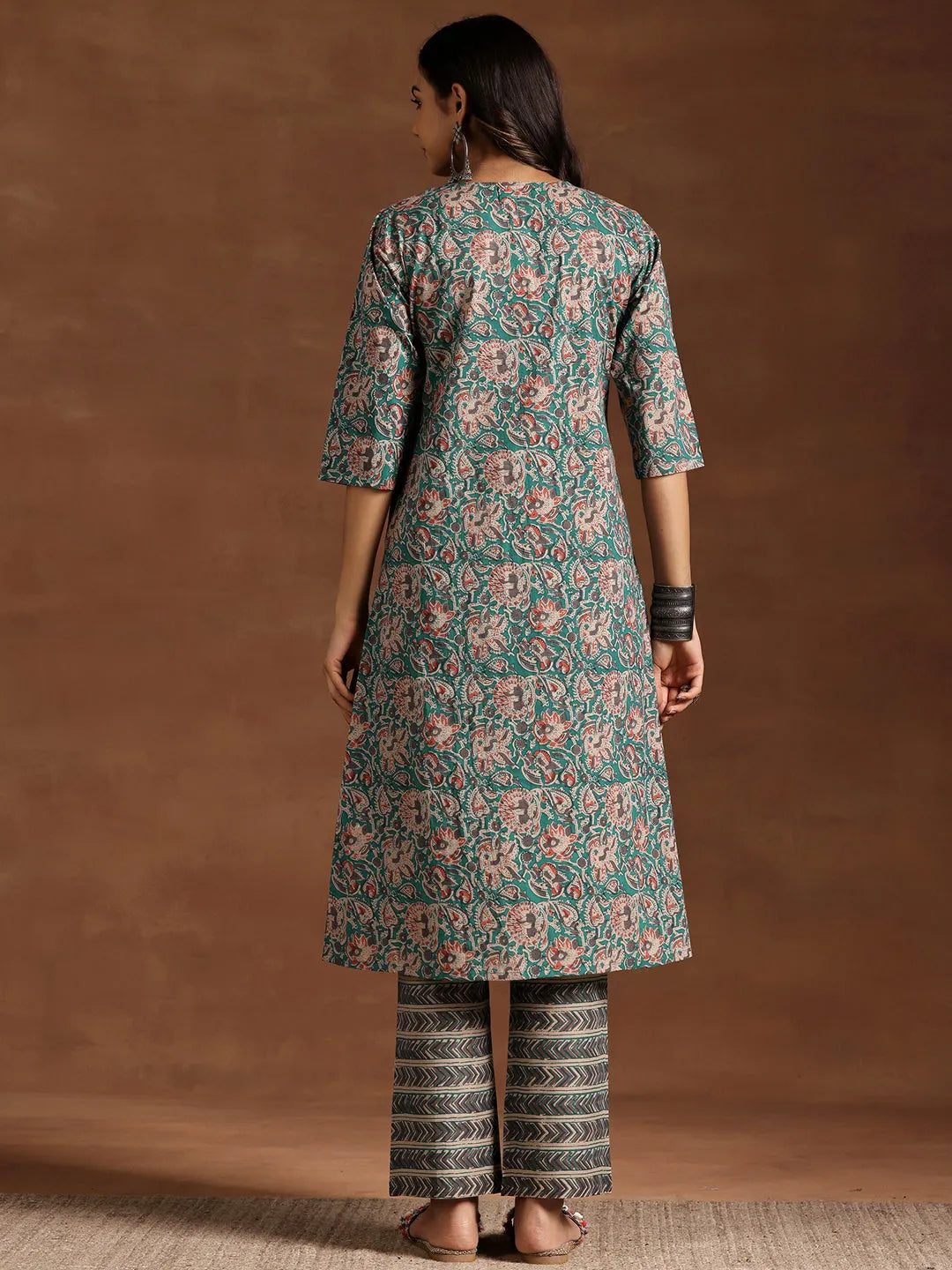  Blue Printed Cotton A-line Kurta With Trousers 