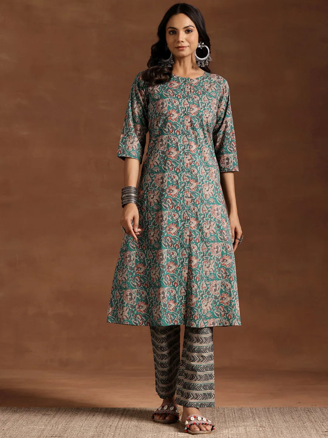  Blue Printed Cotton A-line Kurta With Trousers 