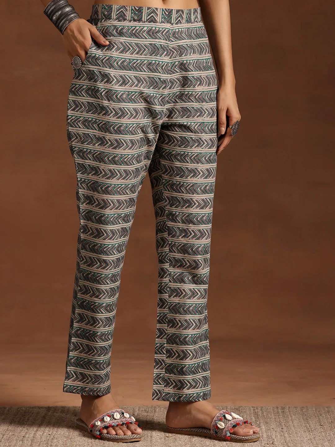  Blue Printed Cotton A-line Kurta With Trousers 