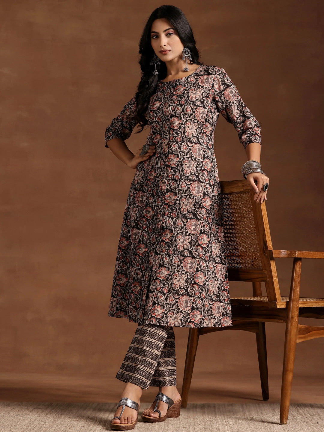  Black Printed Cotton A-line Kurta With Trousers 
