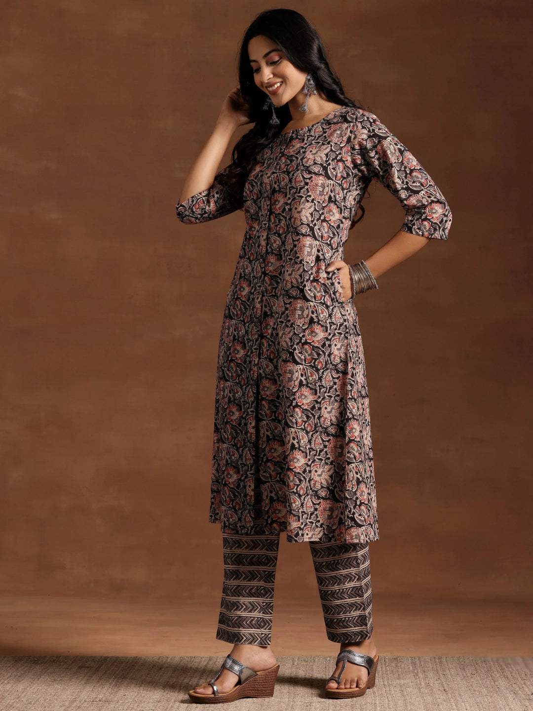  Black Printed Cotton A-line Kurta With Trousers 