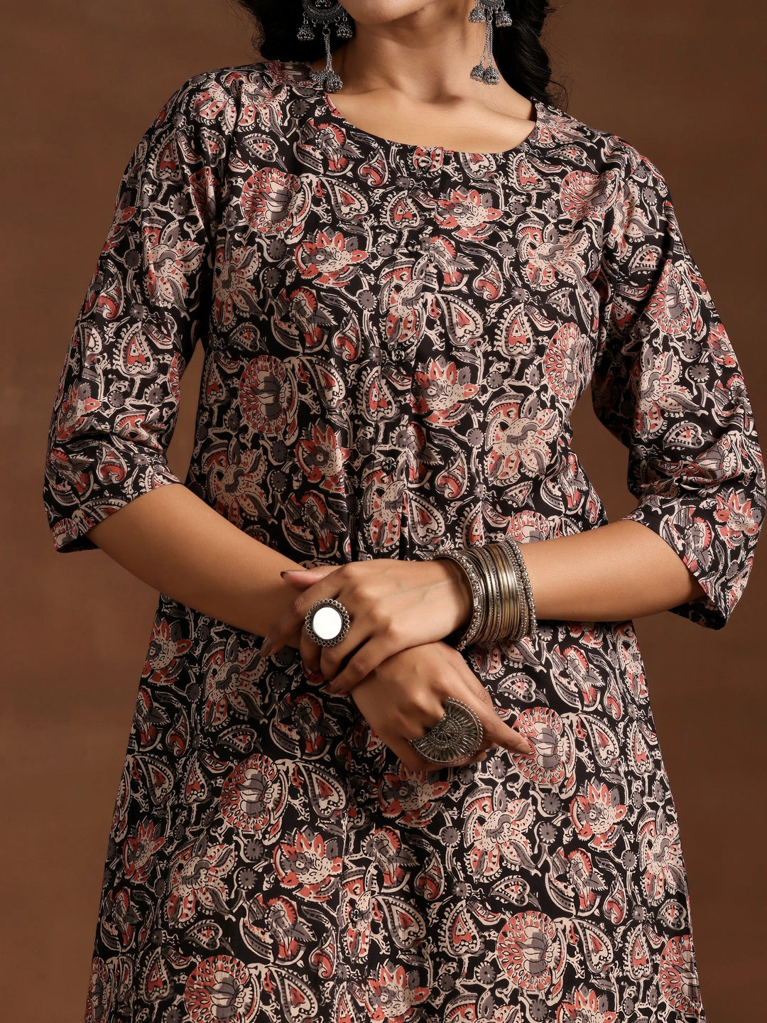 Black Printed Cotton A-line Kurta With Trousers 