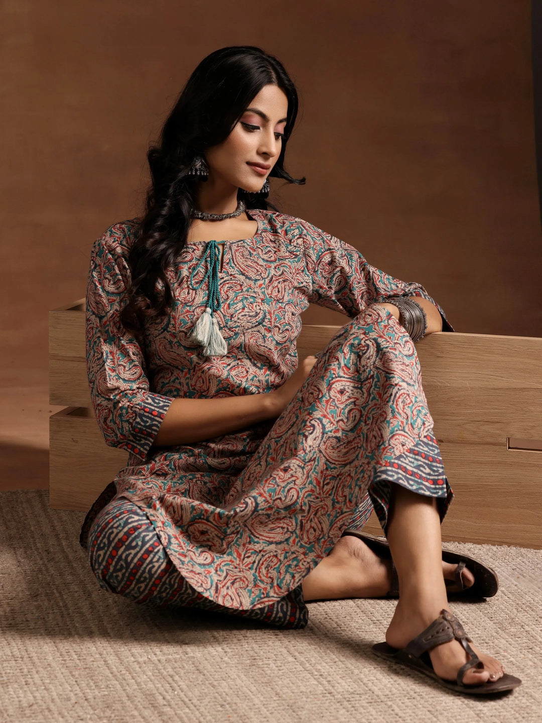  Blue Printed Cotton Straight Kurta Set 