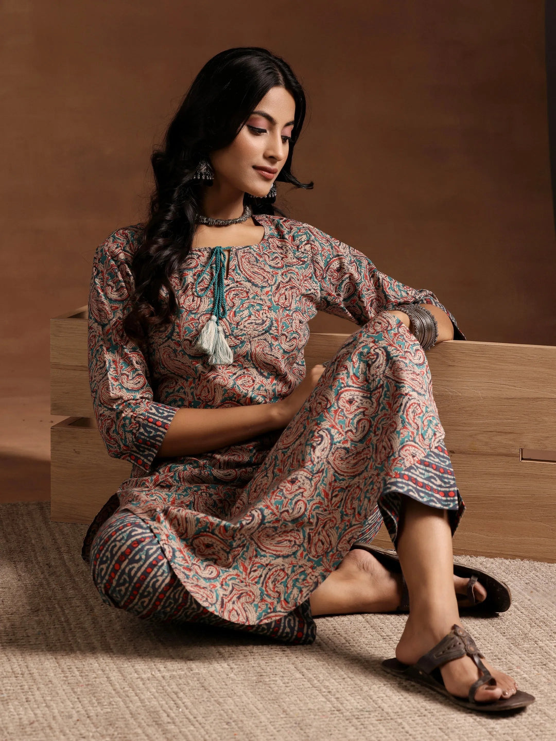  Blue Printed Cotton Straight Kurta Set 
