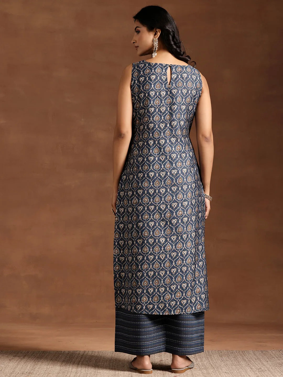  Blue Printed Silk Blend Straight Kurta Set 