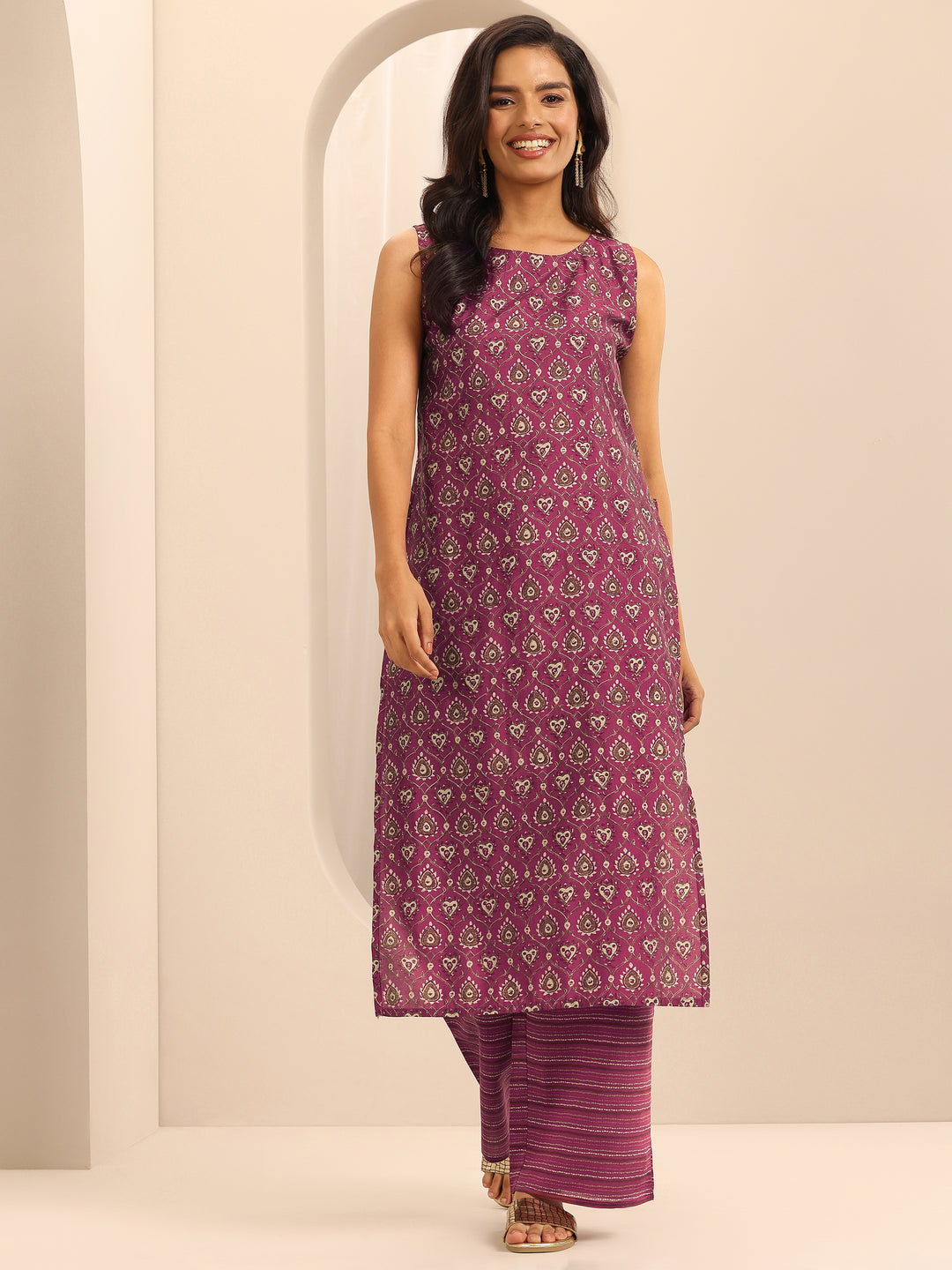  Wine Printed Silk Blend Straight Kurta Set 