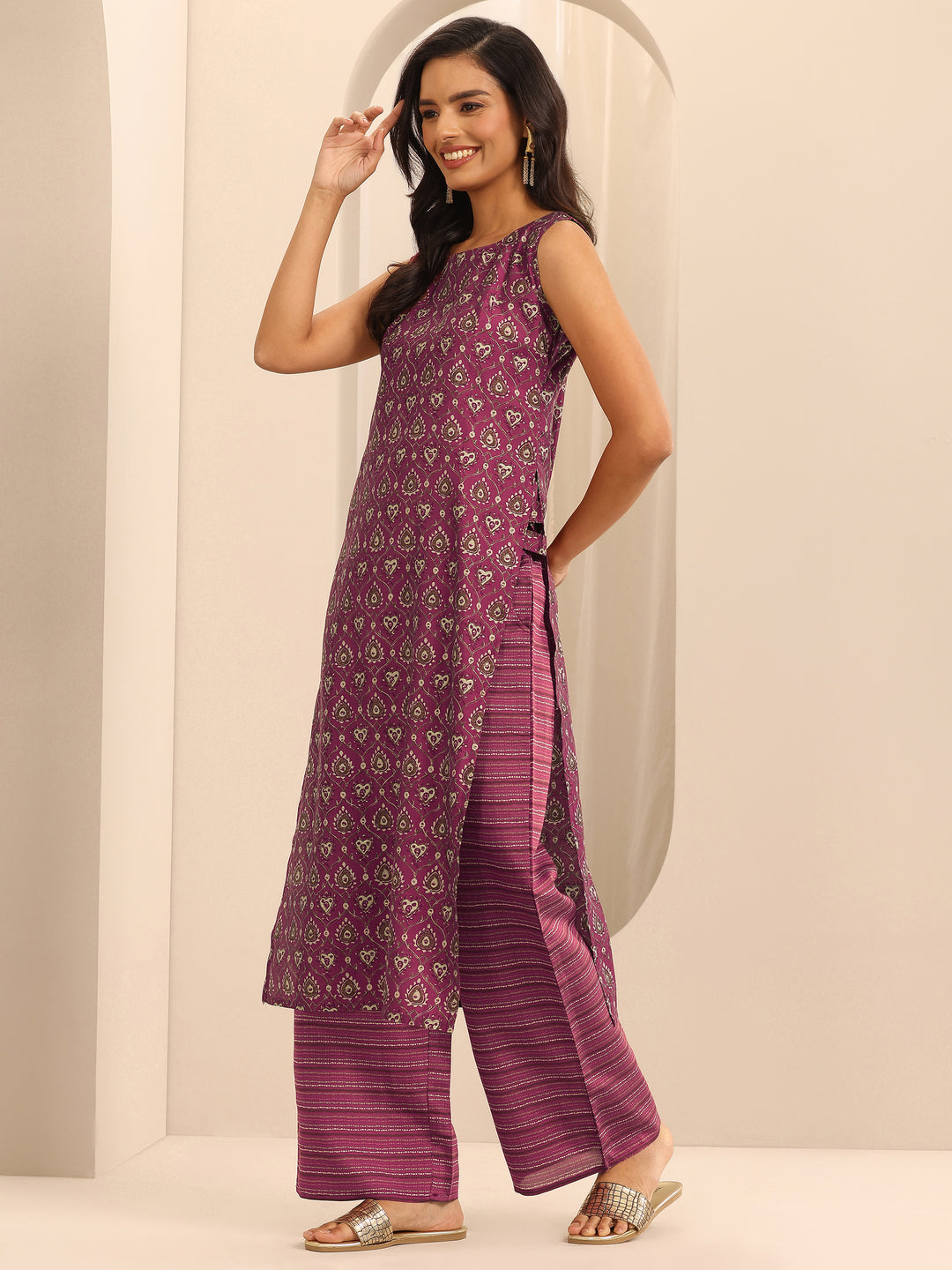  Wine Printed Silk Blend Straight Kurta Set 