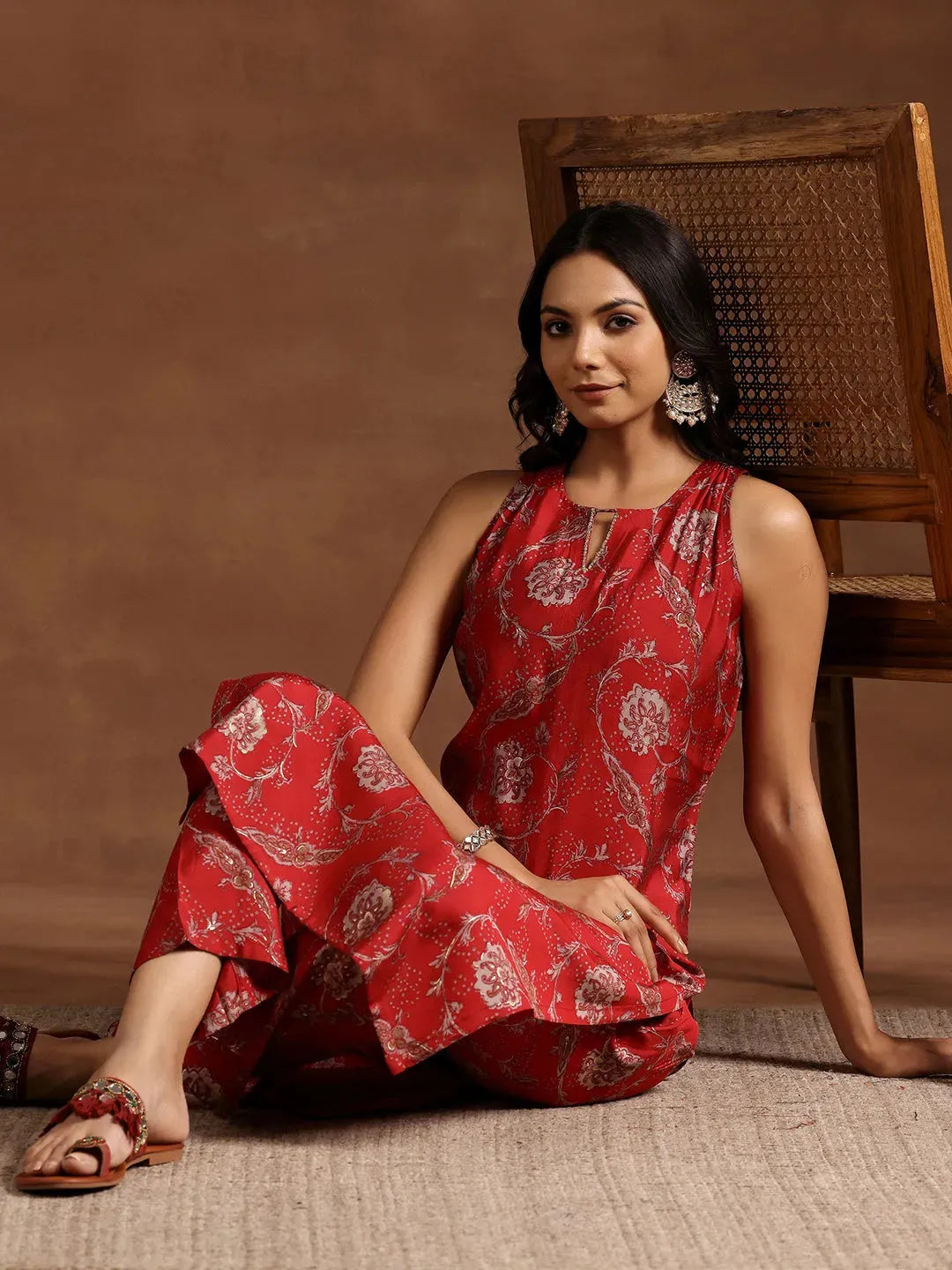  Red Printed Silk Blend Straight Kurta Set 
