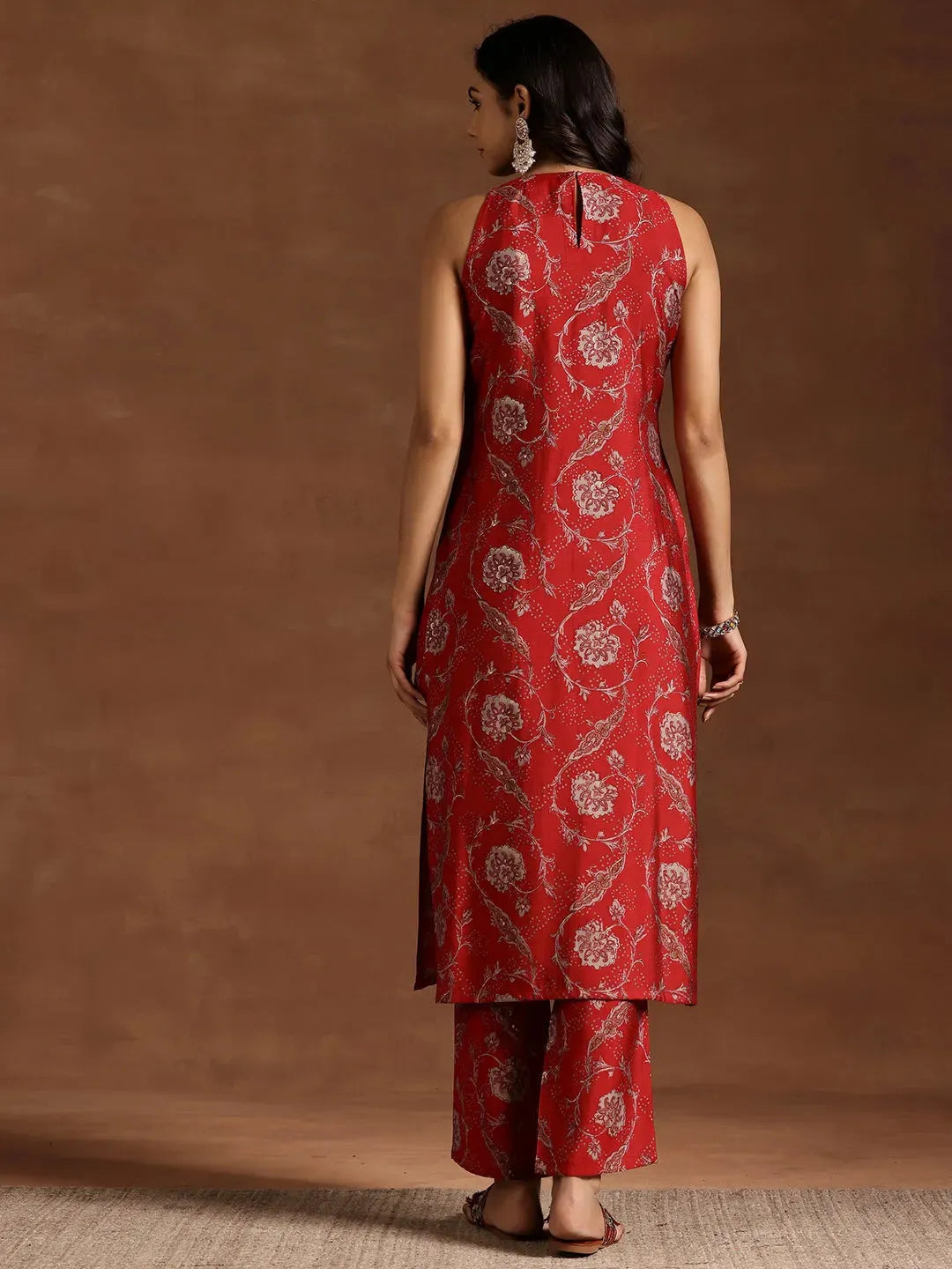  Red Printed Silk Blend Straight Kurta Set 