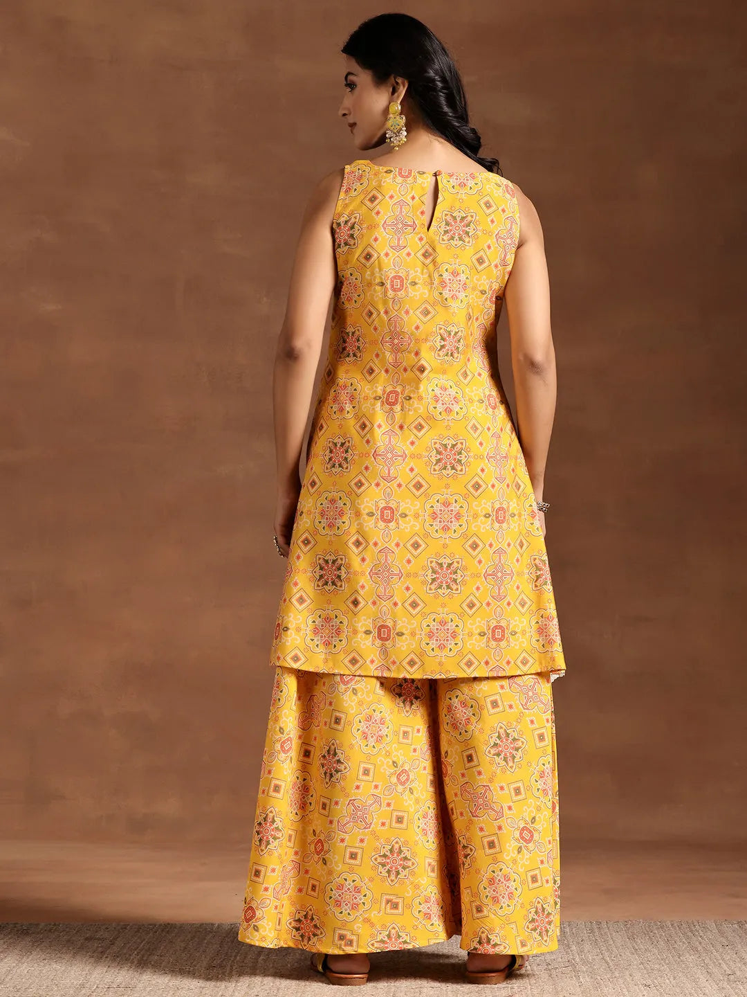  Yellow Printed Silk Blend A-Line Kurta With Palazzos 