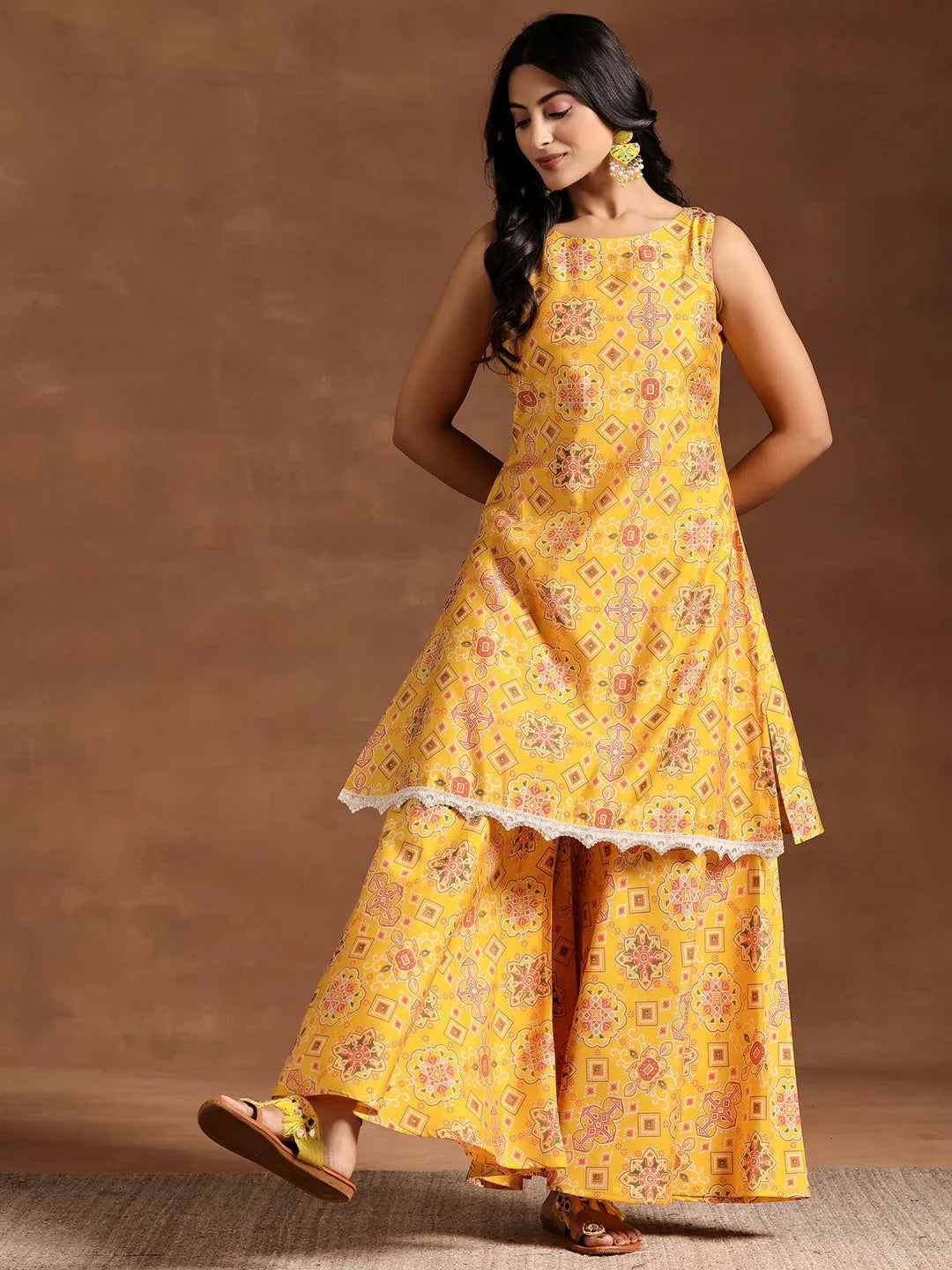  Yellow Printed Silk Blend A-Line Kurta With Palazzos 