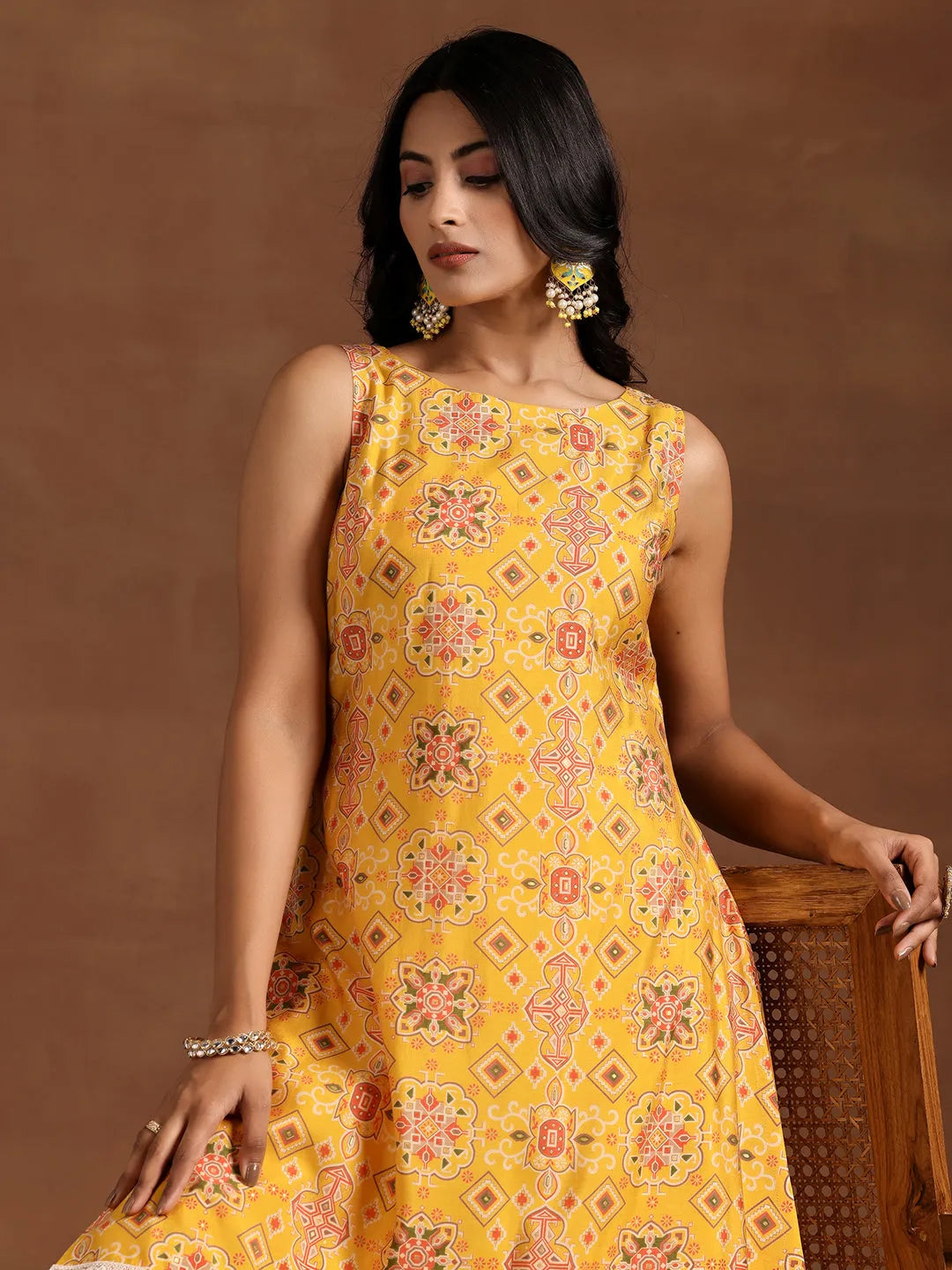  Yellow Printed Silk Blend A-Line Kurta With Palazzos 