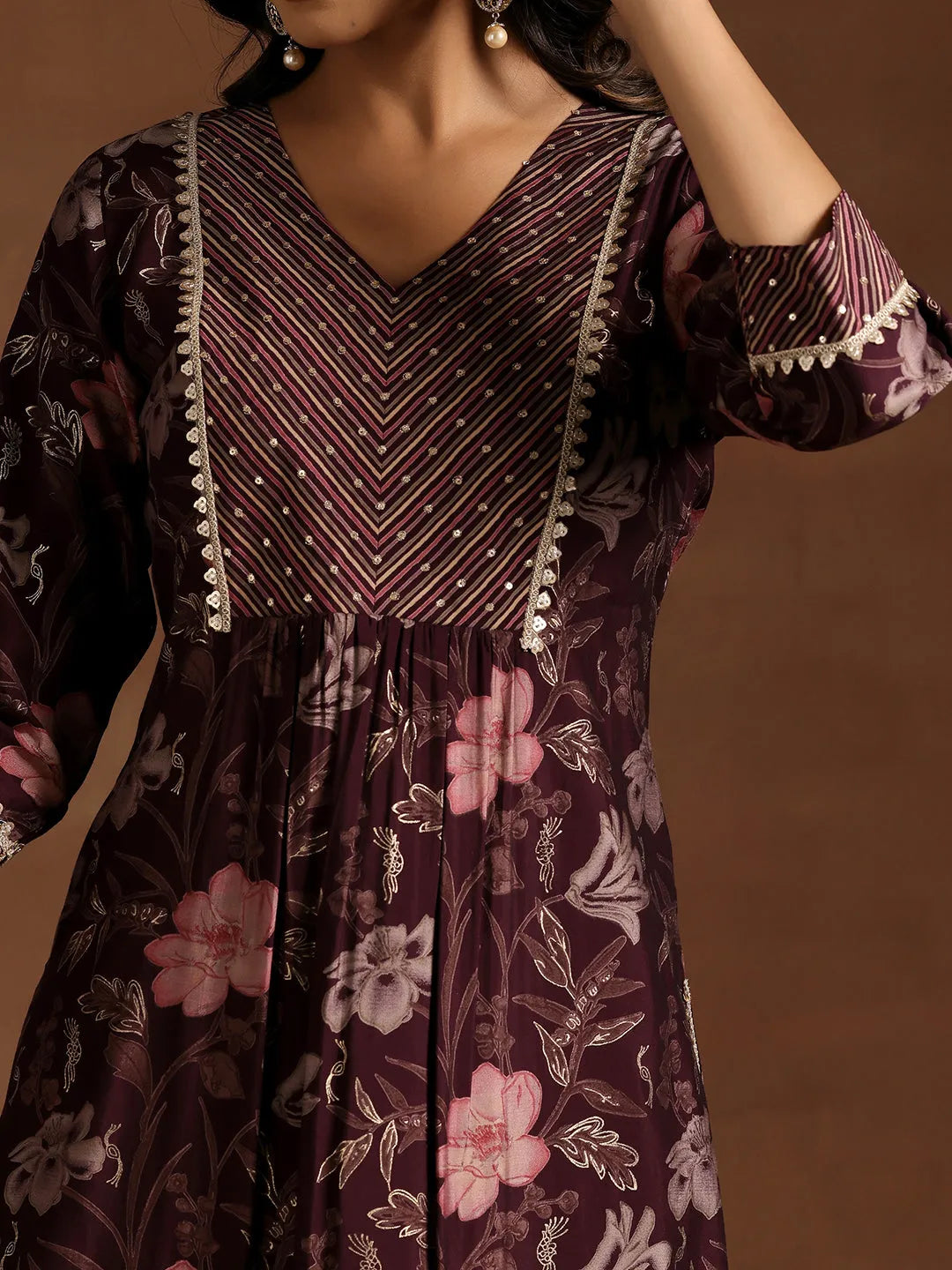  Wine Printed Silk Blend Straight Kurta Set 