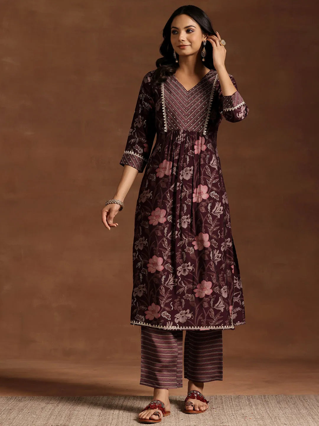  Wine Printed Silk Blend Straight Kurta Set 