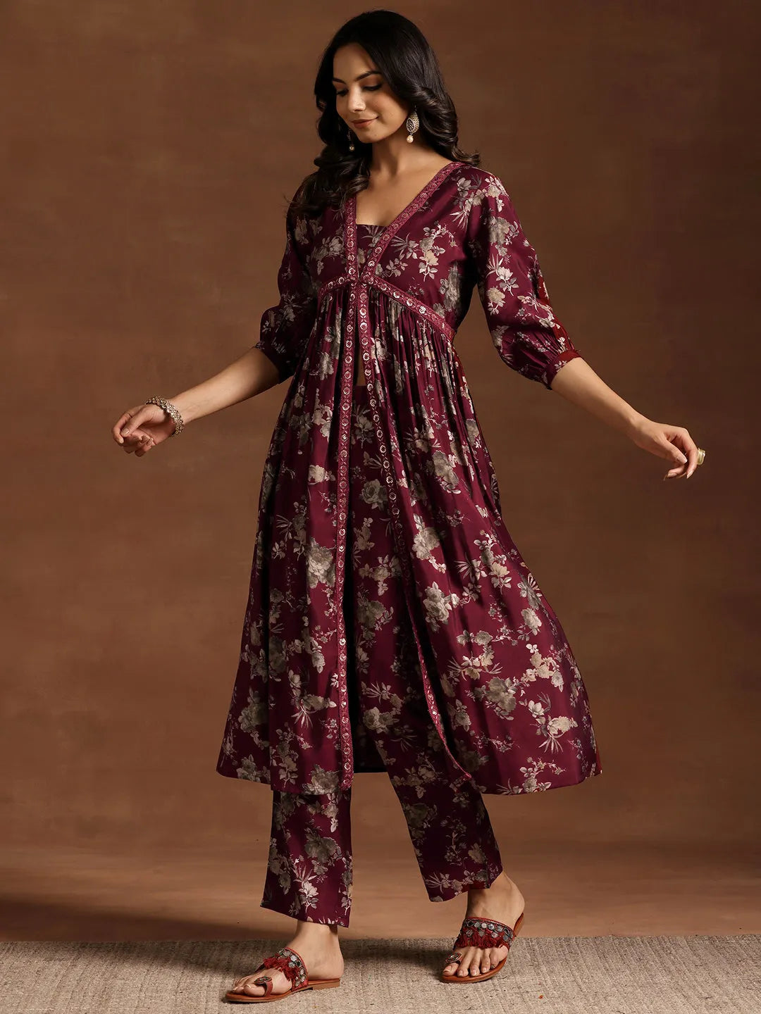  Maroon Printed Silk Blend A-line Kurta With Trousers 