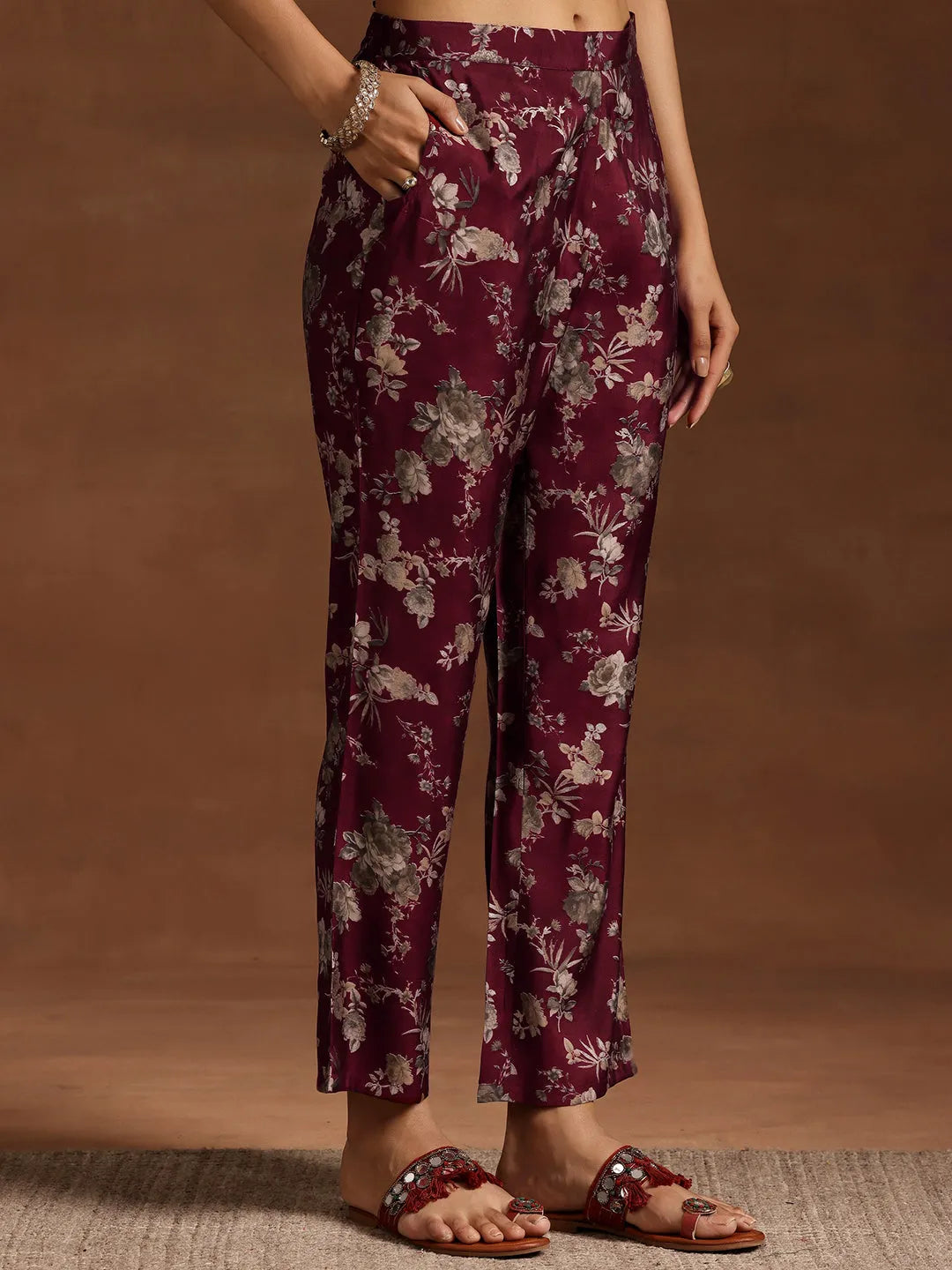  Maroon Printed Silk Blend A-line Kurta With Trousers 