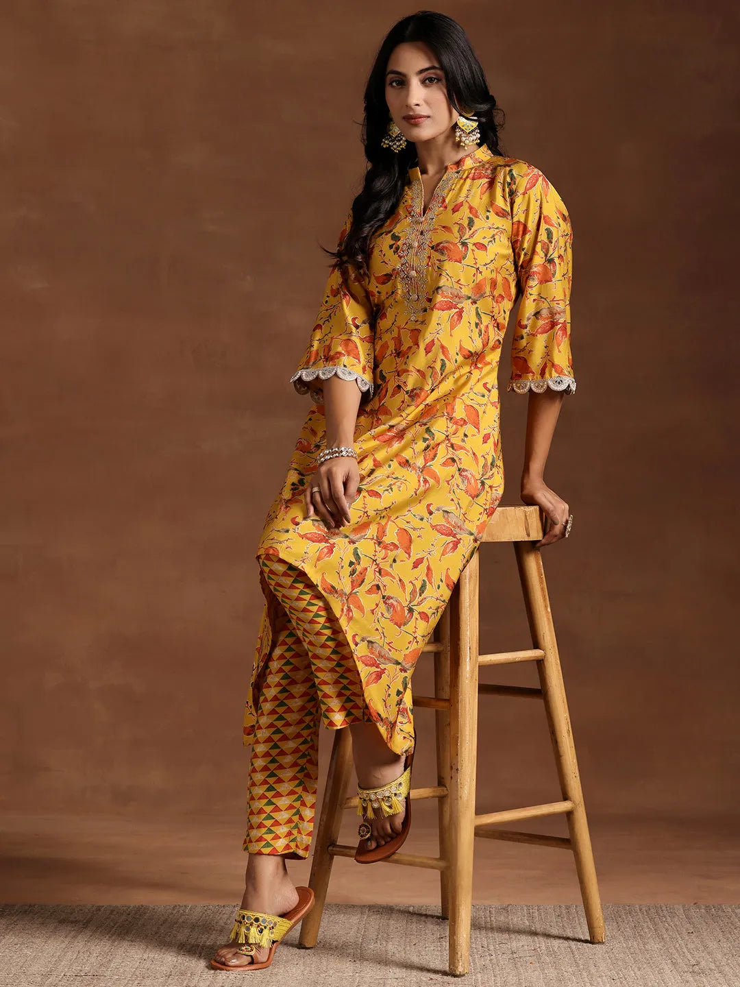 libas Mustard Printed Silk Blend A-line Kurta With Trousers-picture-40