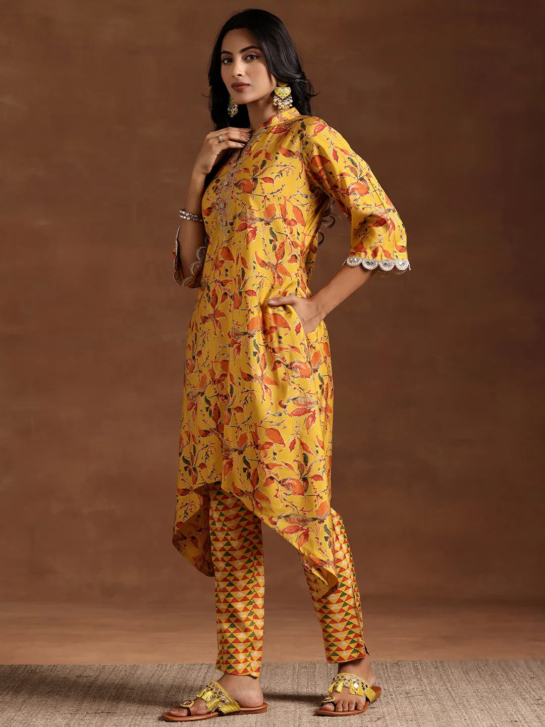  Mustard Printed Silk Blend A-line Kurta With Trousers 