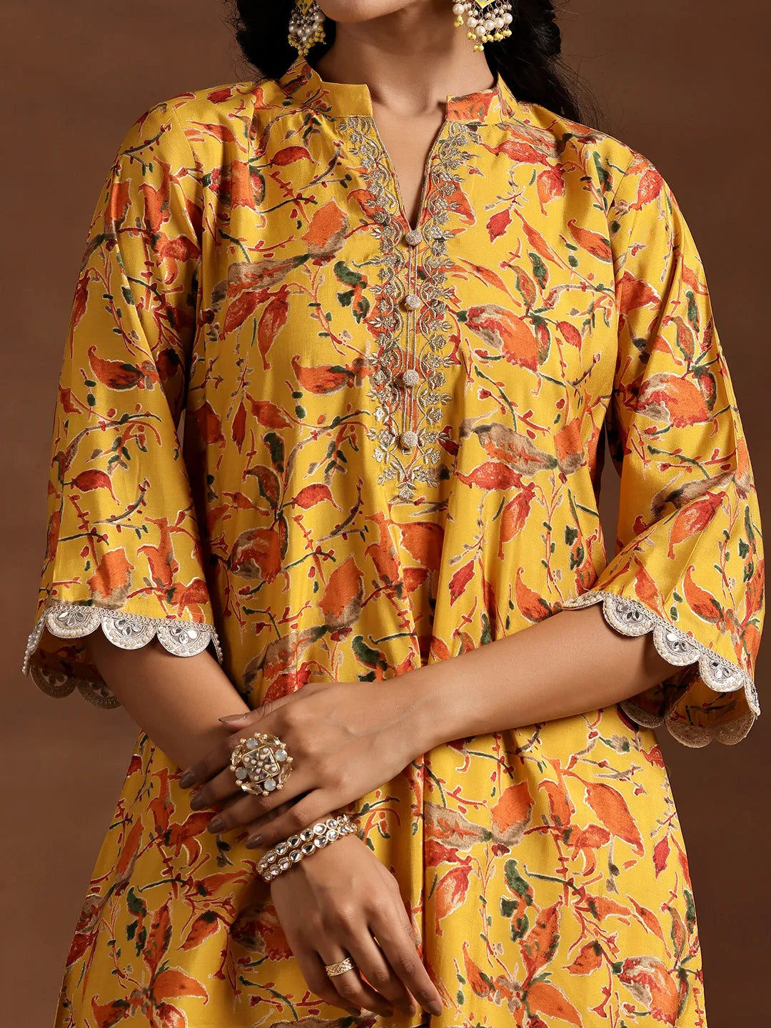  Mustard Printed Silk Blend A-line Kurta With Trousers 
