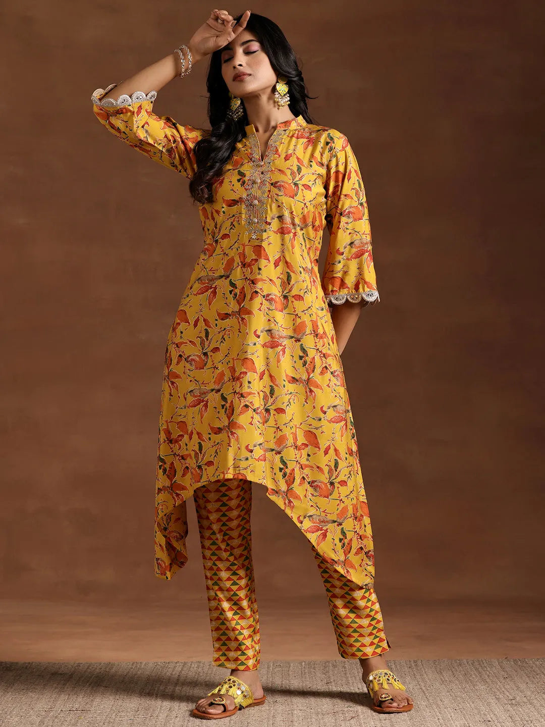  Mustard Printed Silk Blend A-line Kurta With Trousers 