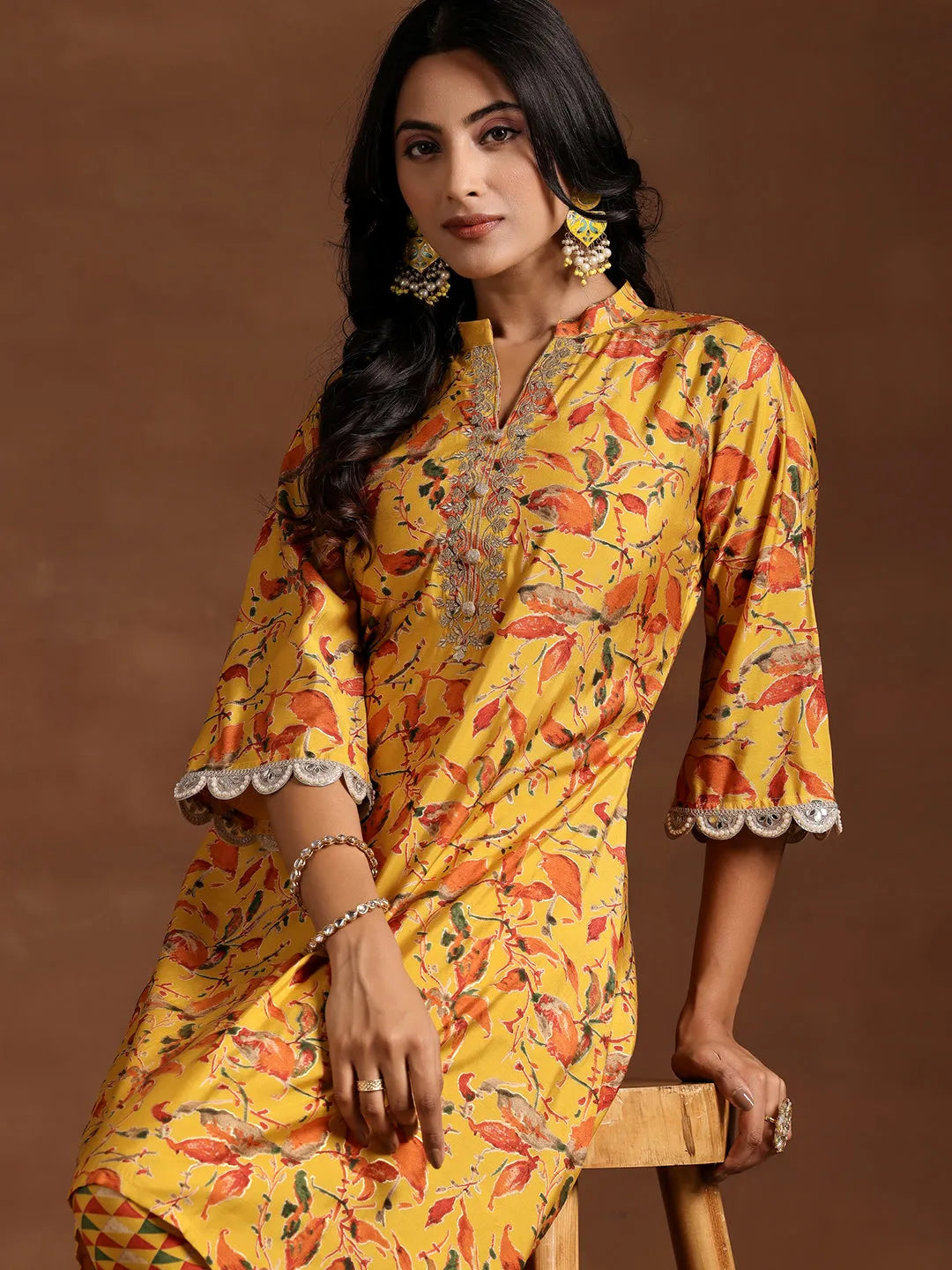  Mustard Printed Silk Blend A-line Kurta With Trousers 
