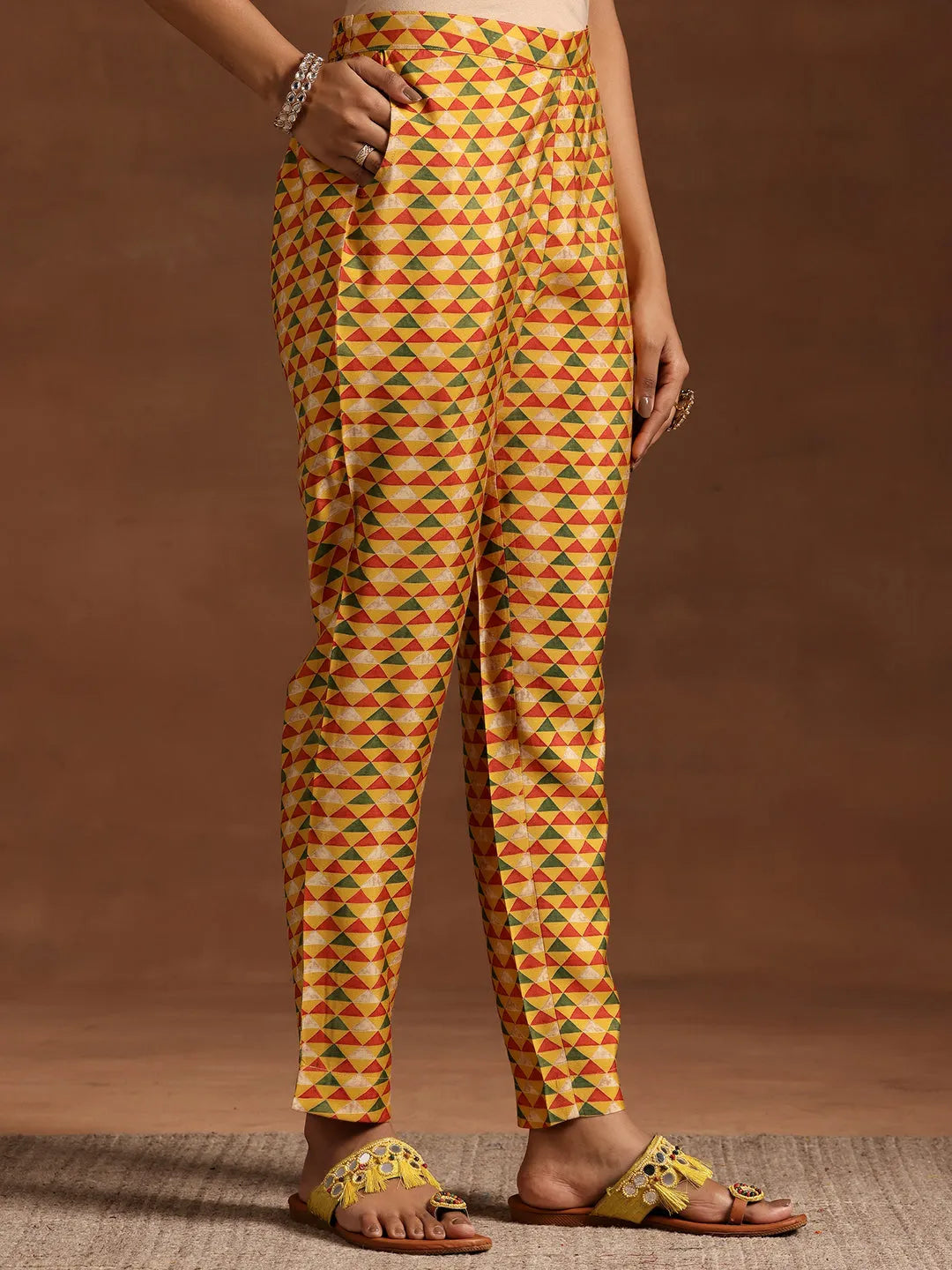  Mustard Printed Silk Blend A-line Kurta With Trousers 