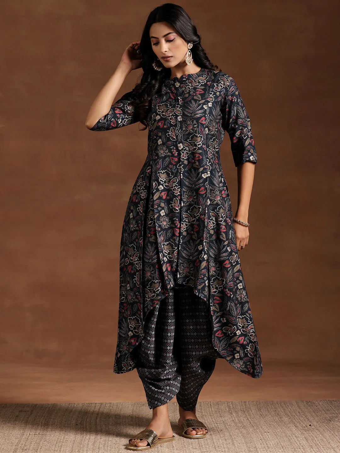  Blue Printed Silk Blend A-line Kurta With Salwar 
