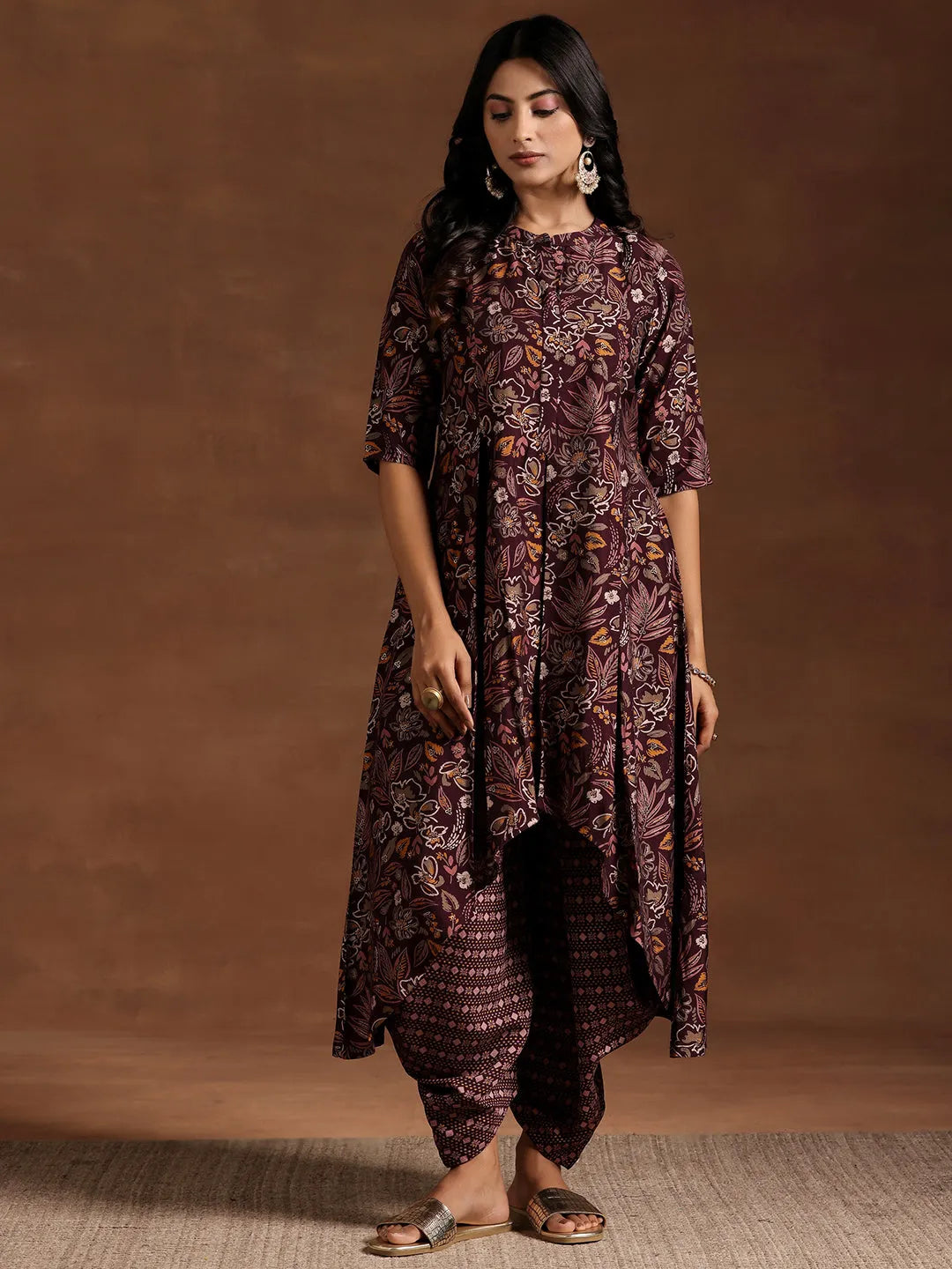  Wine Printed Silk Blend A-line Kurta With Salwar 