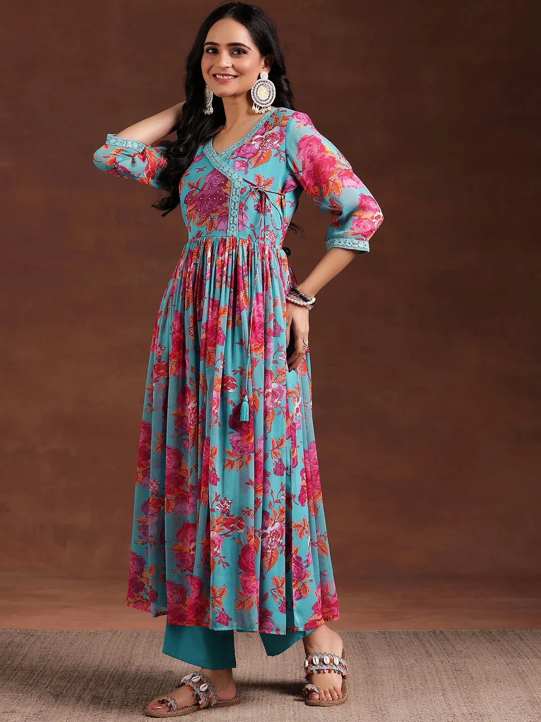  Blue Printed Poly Chiffon Anarkali Suit With Dupatta 