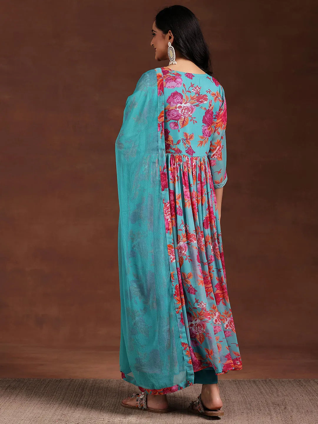 Blue Printed Poly Chiffon Anarkali Suit With Dupatta 
