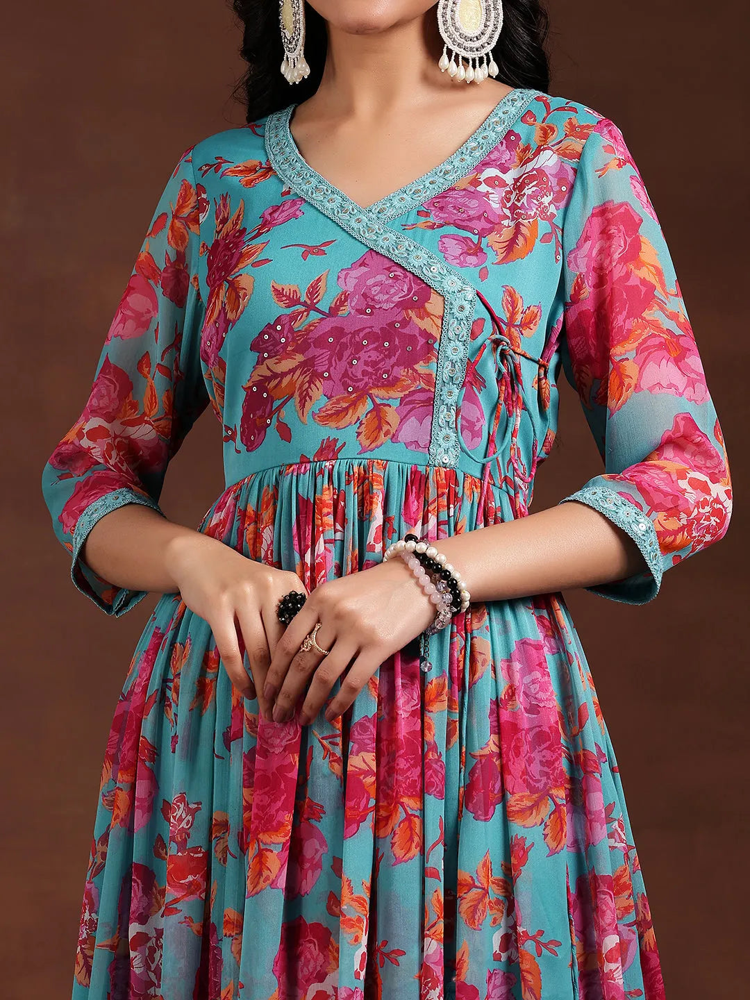  Blue Printed Poly Chiffon Anarkali Suit With Dupatta 