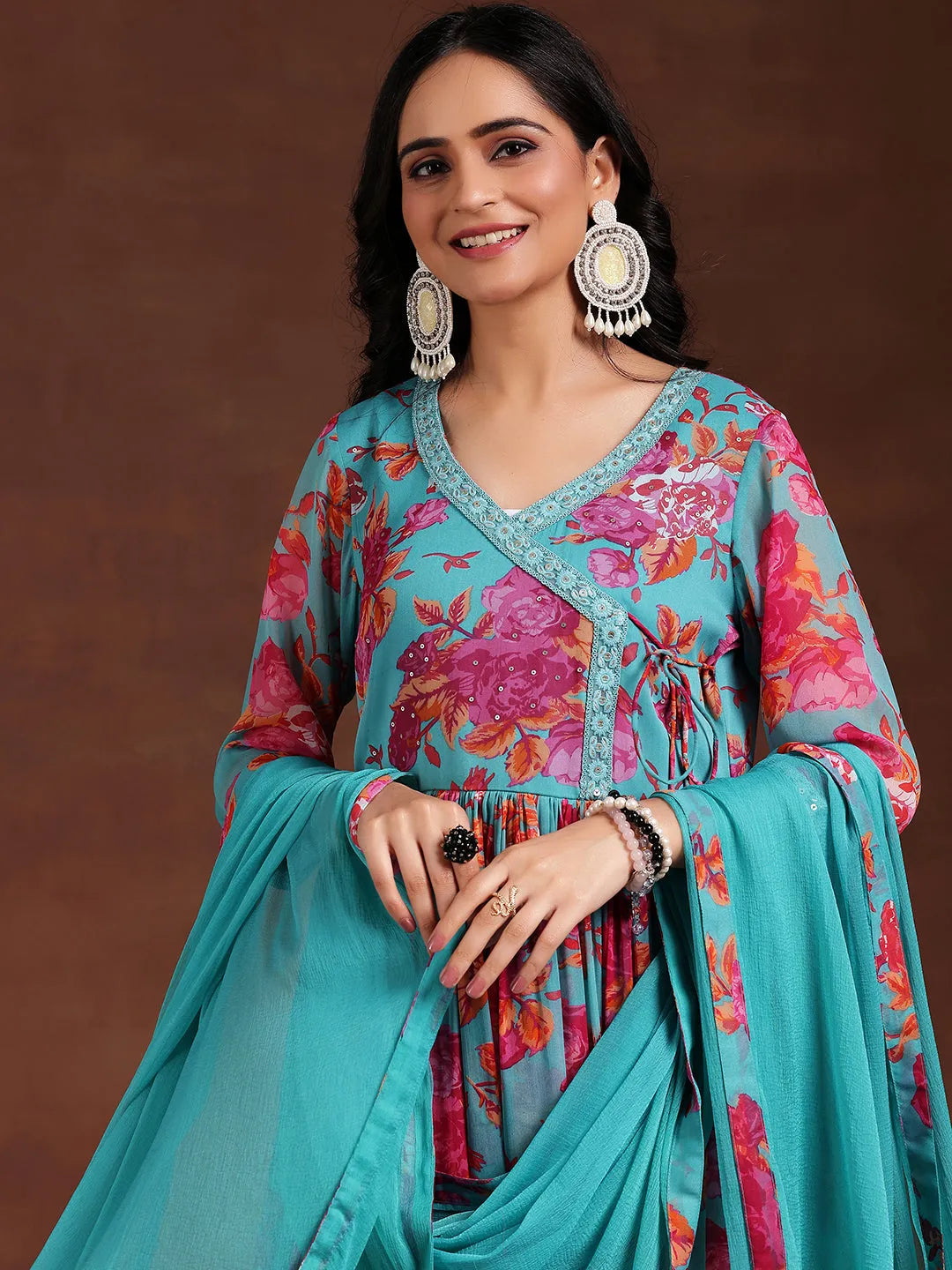  Blue Printed Poly Chiffon Anarkali Suit With Dupatta 
