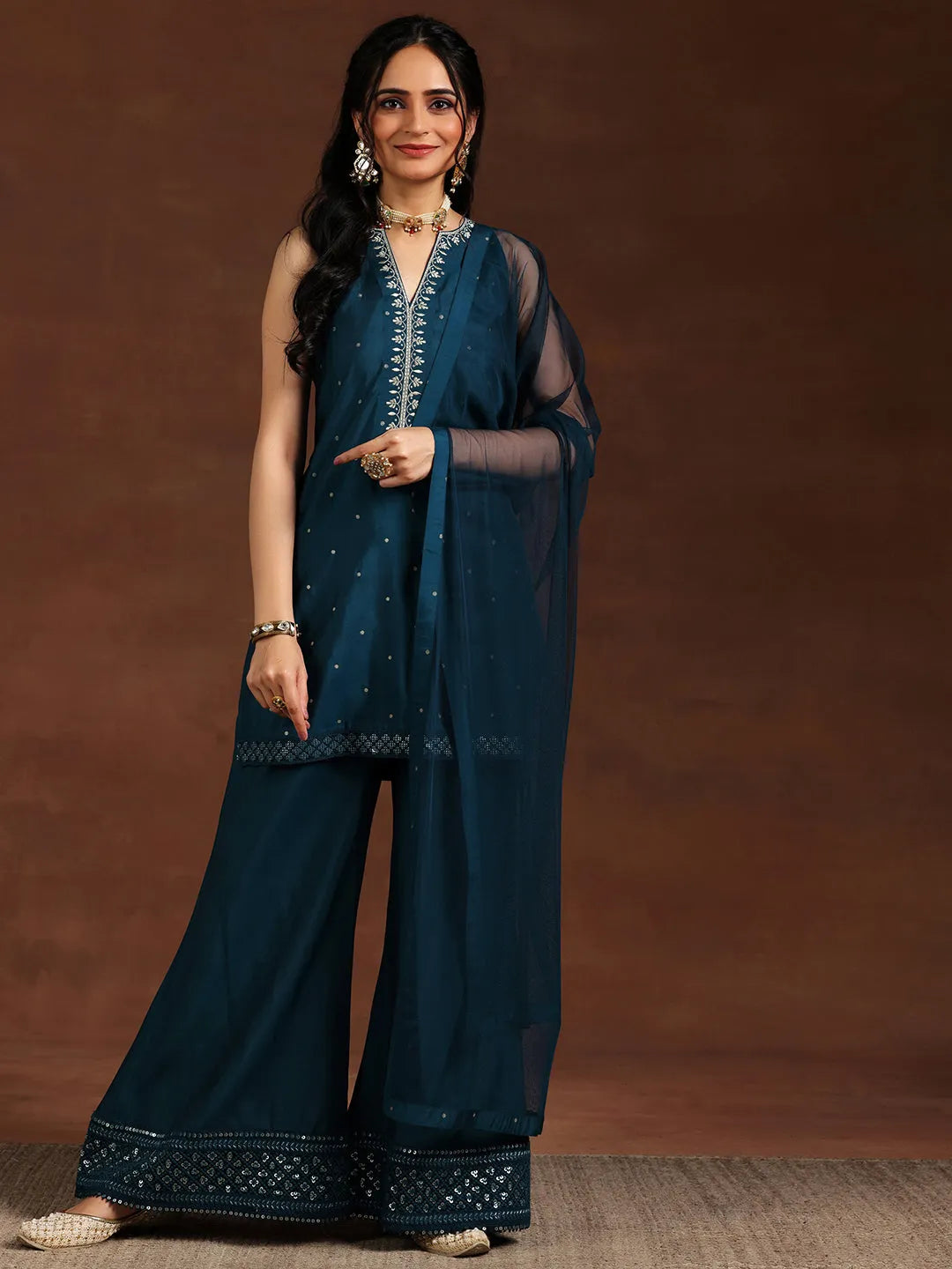  Blue Embroidered Silk Blend Straight Suit With Dupatta 