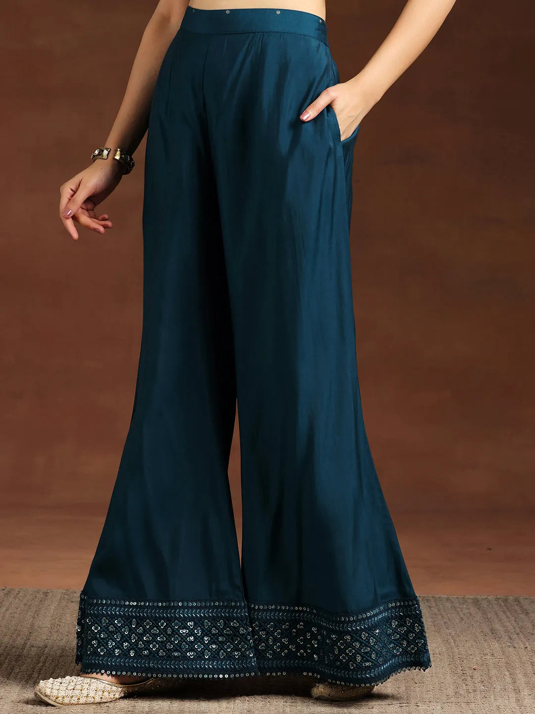  Blue Embroidered Silk Blend Straight Suit With Dupatta 