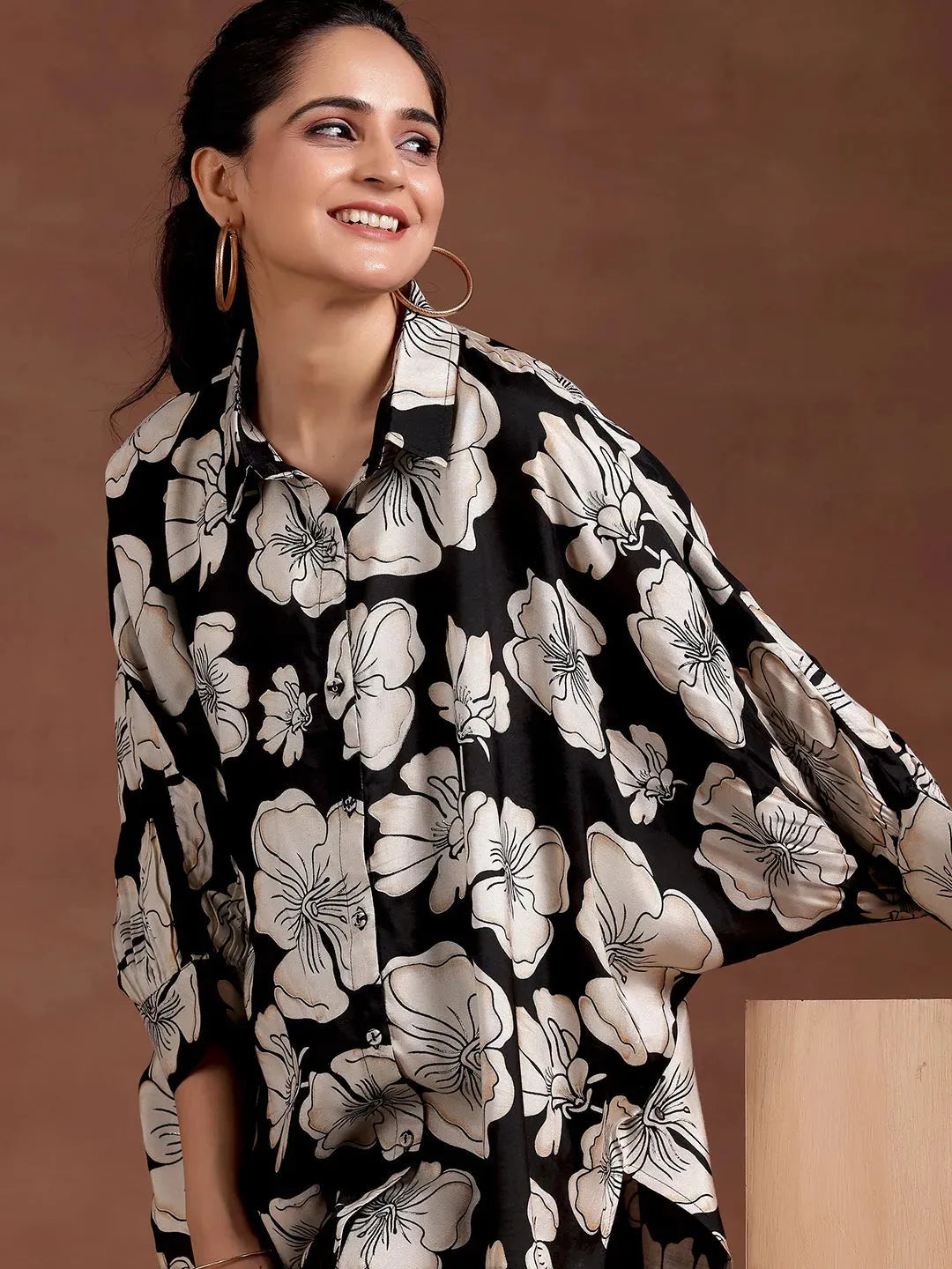  Black Printed Silk Blend Co-Ords 