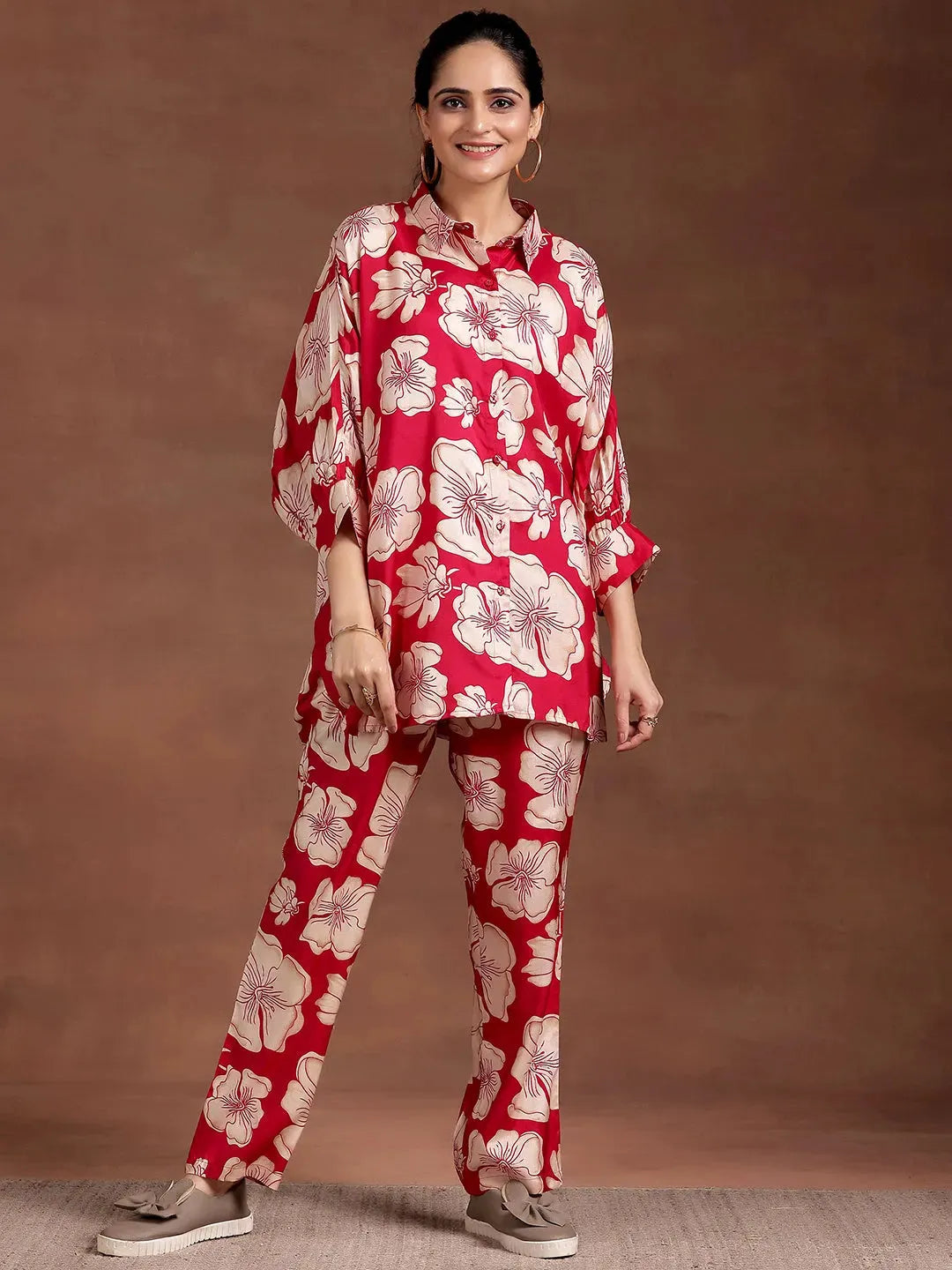  Red Printed Silk Blend Co-Ords 