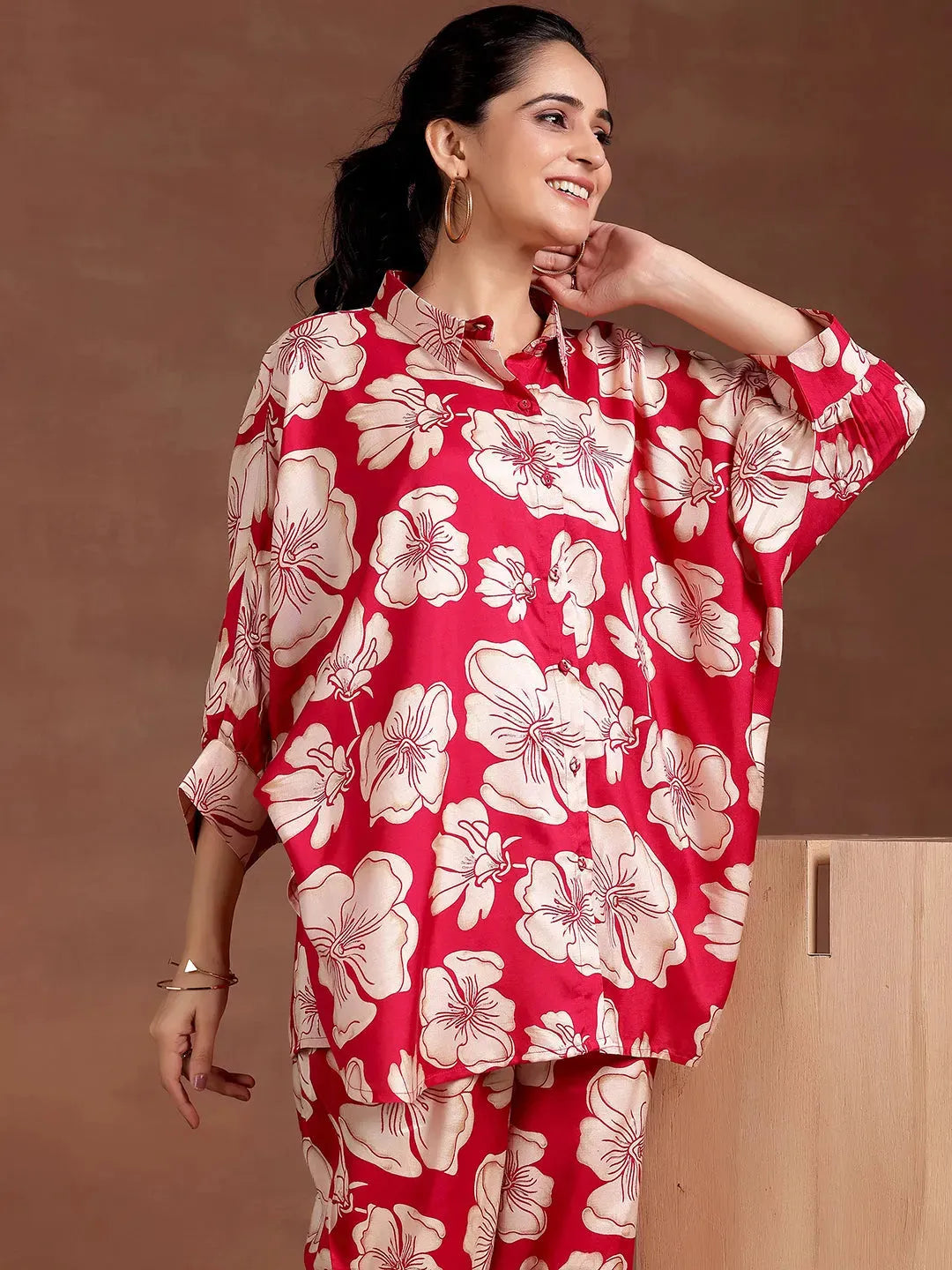  Red Printed Silk Blend Co-Ords 