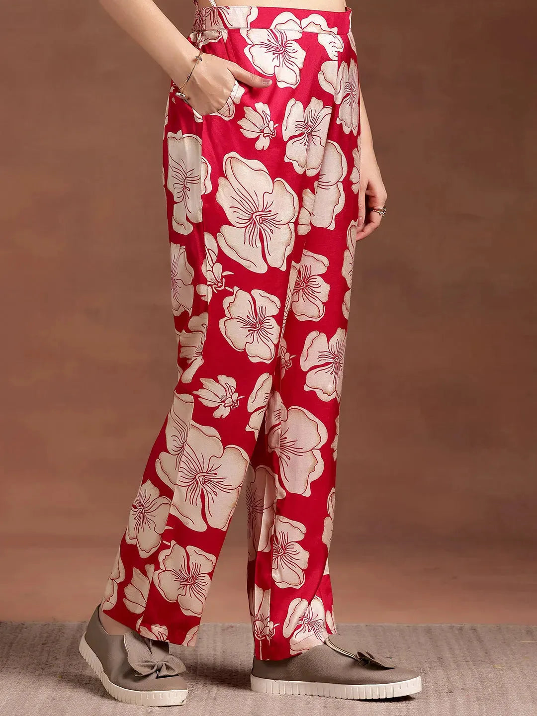  Red Printed Silk Blend Co-Ords 